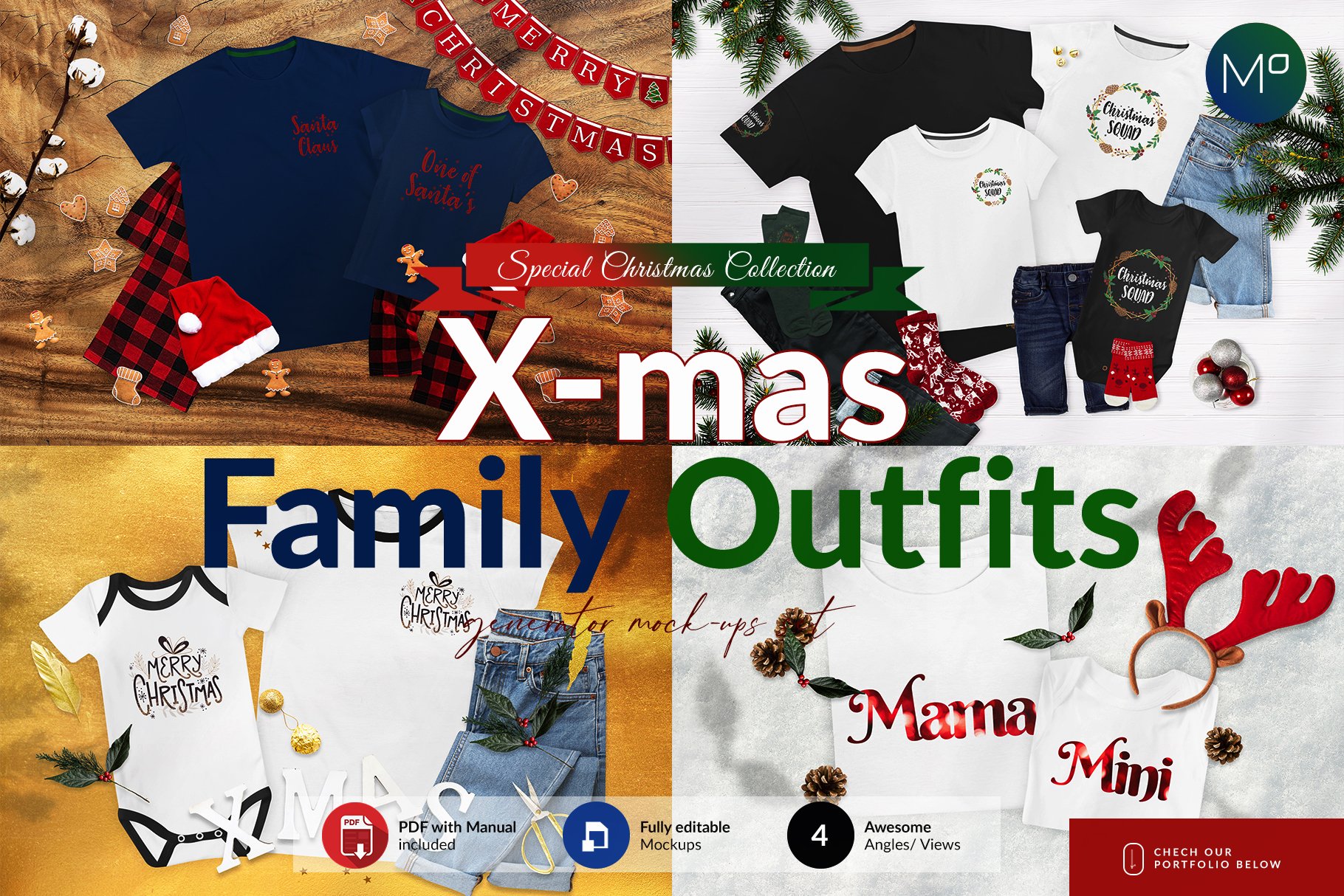 逼真圣诞节家庭半袖T恤图案印花设计展示贴图样机 Christmas Family T-shirts Mockups_img_2