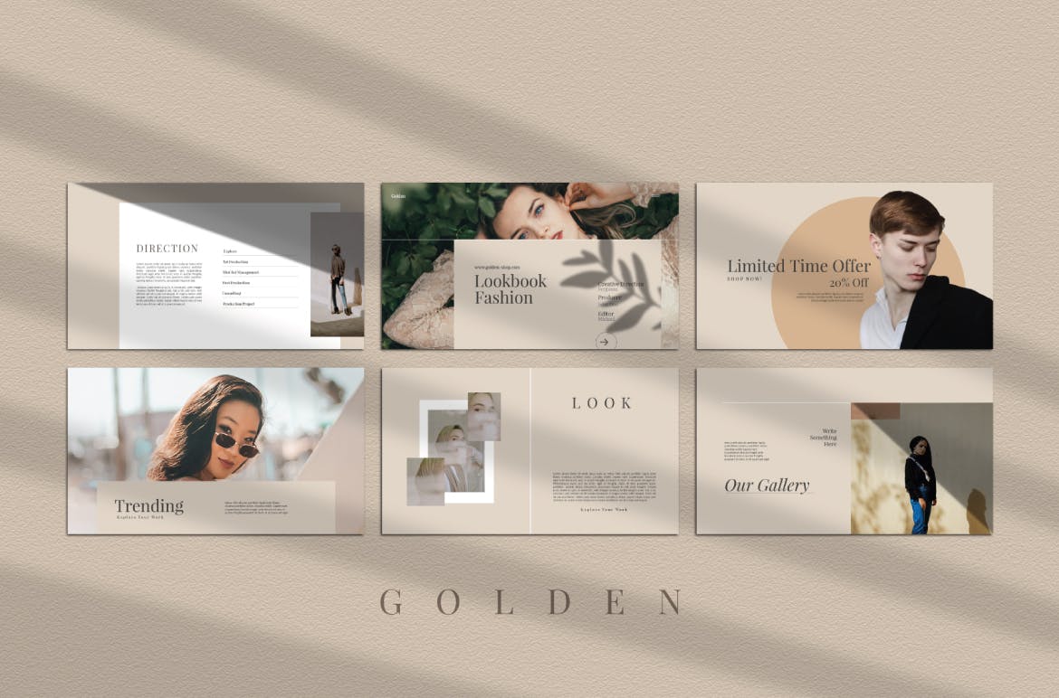 金色时尚服装作品集演示文稿设计模板 Golden Fashion Powerpoint Templates_img_2