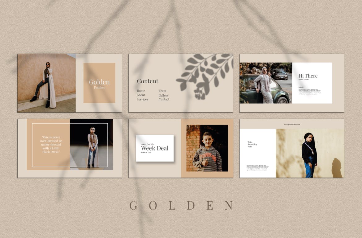 金色时尚服装作品集演示文稿设计模板 Golden Fashion Powerpoint Templates_img_2