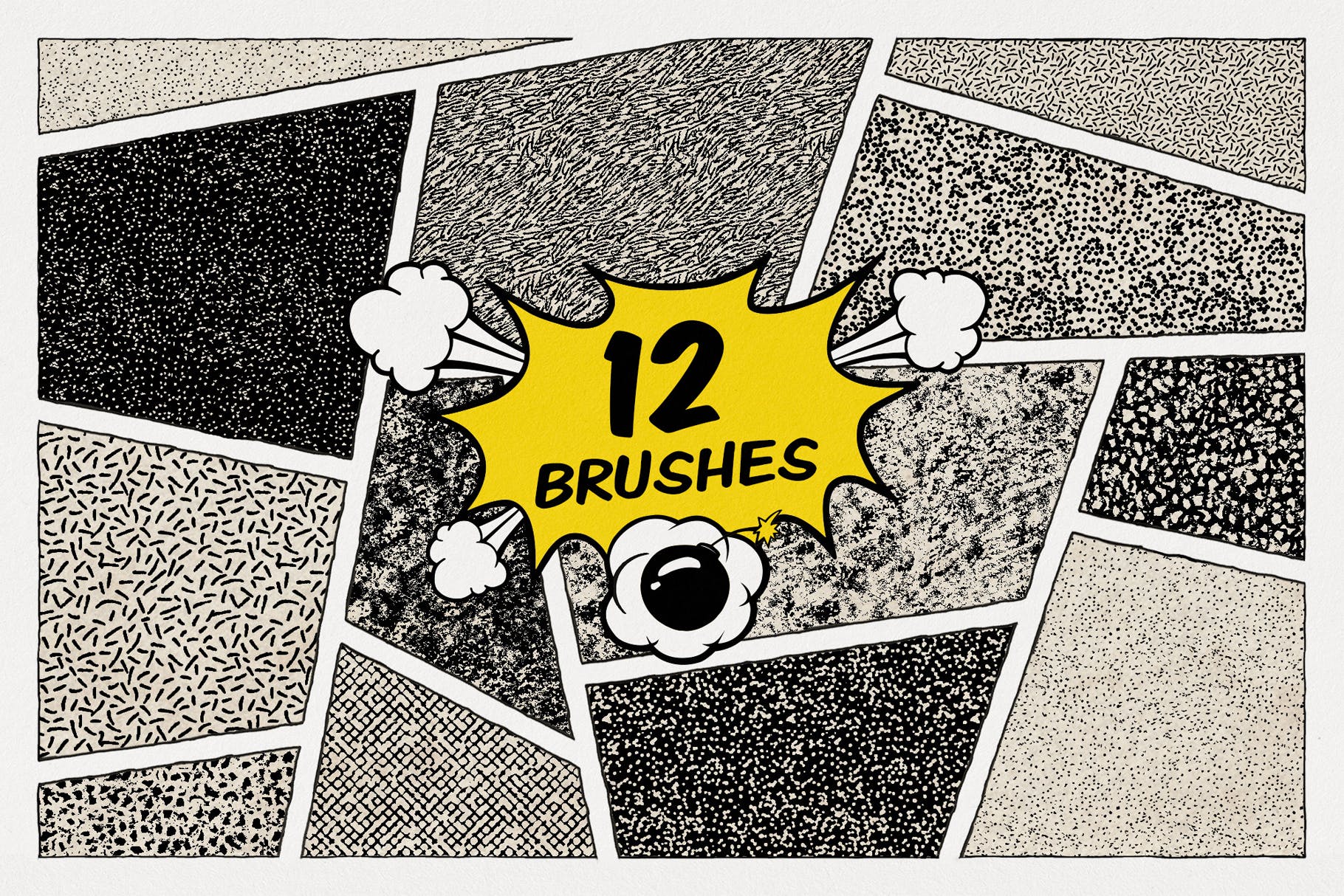 12种复古老式半调颗粒漫画效果绘画画笔PS笔刷素材 Halftone Grunge Photoshop Brushes_img_2