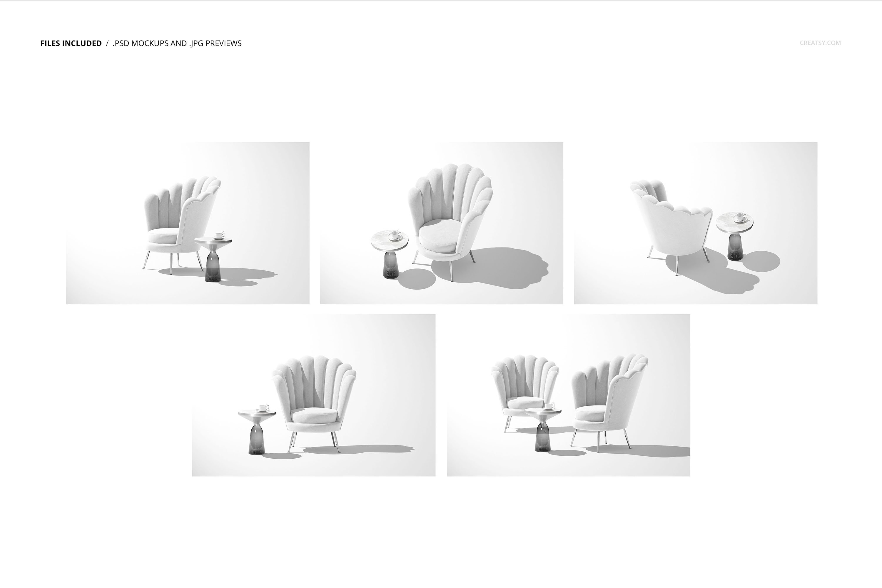 天鹅丝绒贝壳扶手椅面料印花图案设计展示样机模板合集 Velvet Shell Armchair Mockup Set_img_2