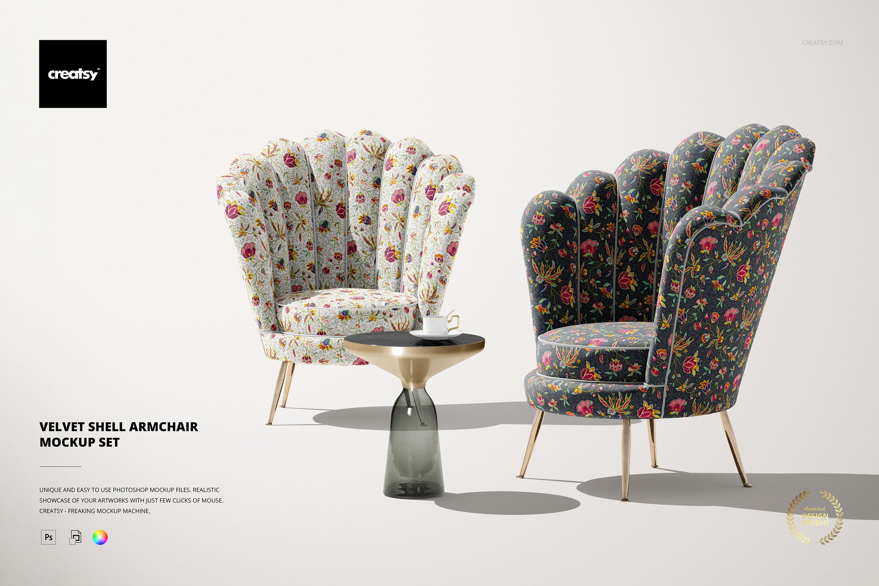 天鹅丝绒贝壳扶手椅面料印花图案设计展示样机模板合集 Velvet Shell Armchair Mockup Set_img_2