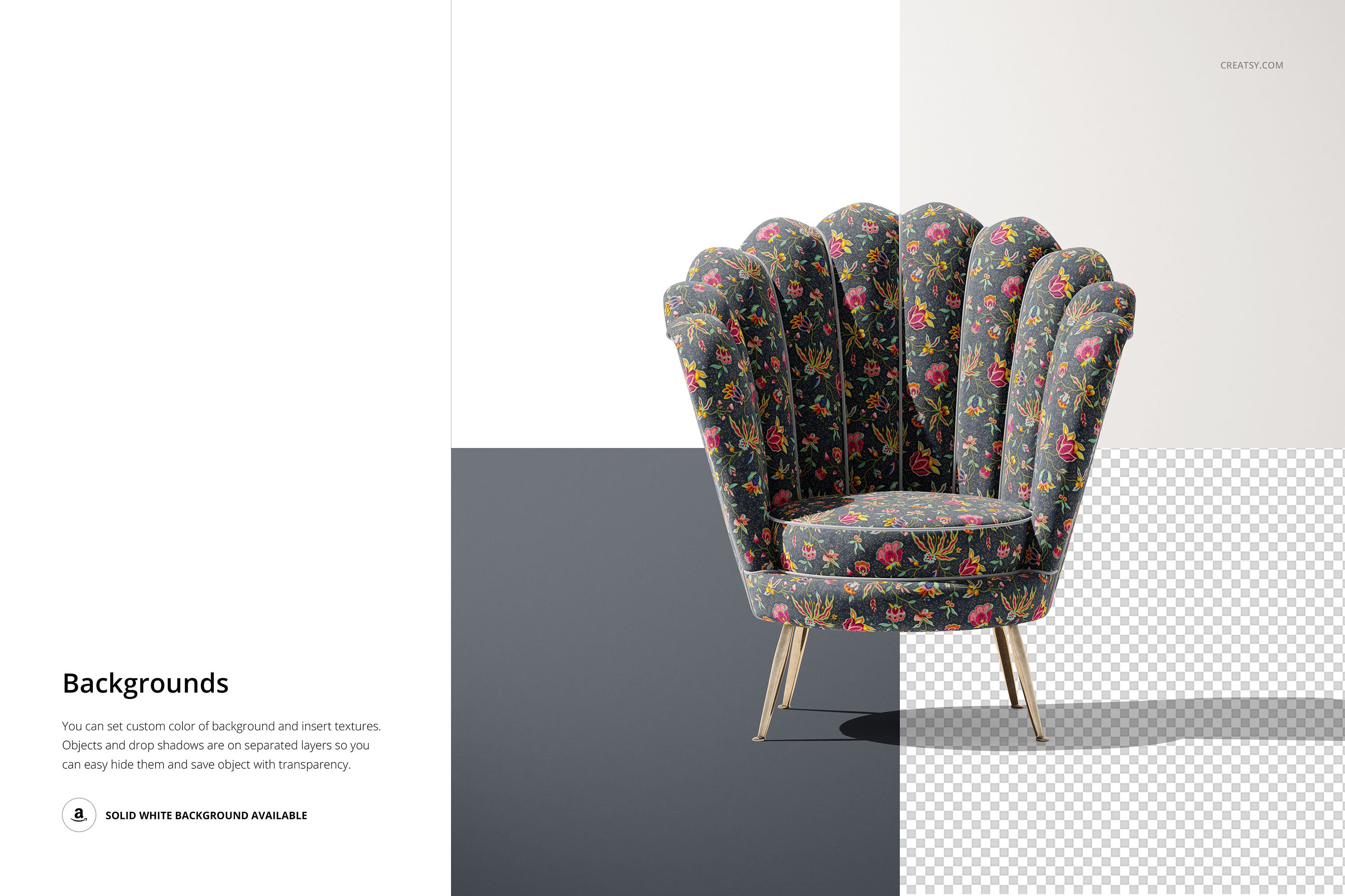 天鹅丝绒贝壳扶手椅面料印花图案设计展示样机模板合集 Velvet Shell Armchair Mockup Set_img_2