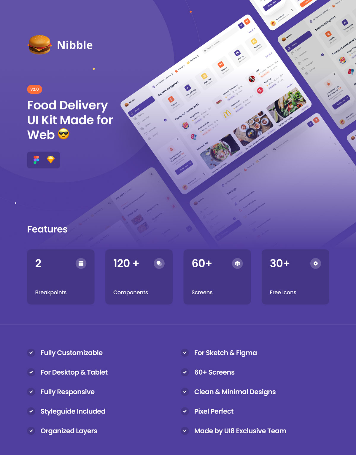 自适应食品配送外卖APP应用程序WEB界面设计UI套件素材 Nibble: Food Delivery Web UI Kit_img_2