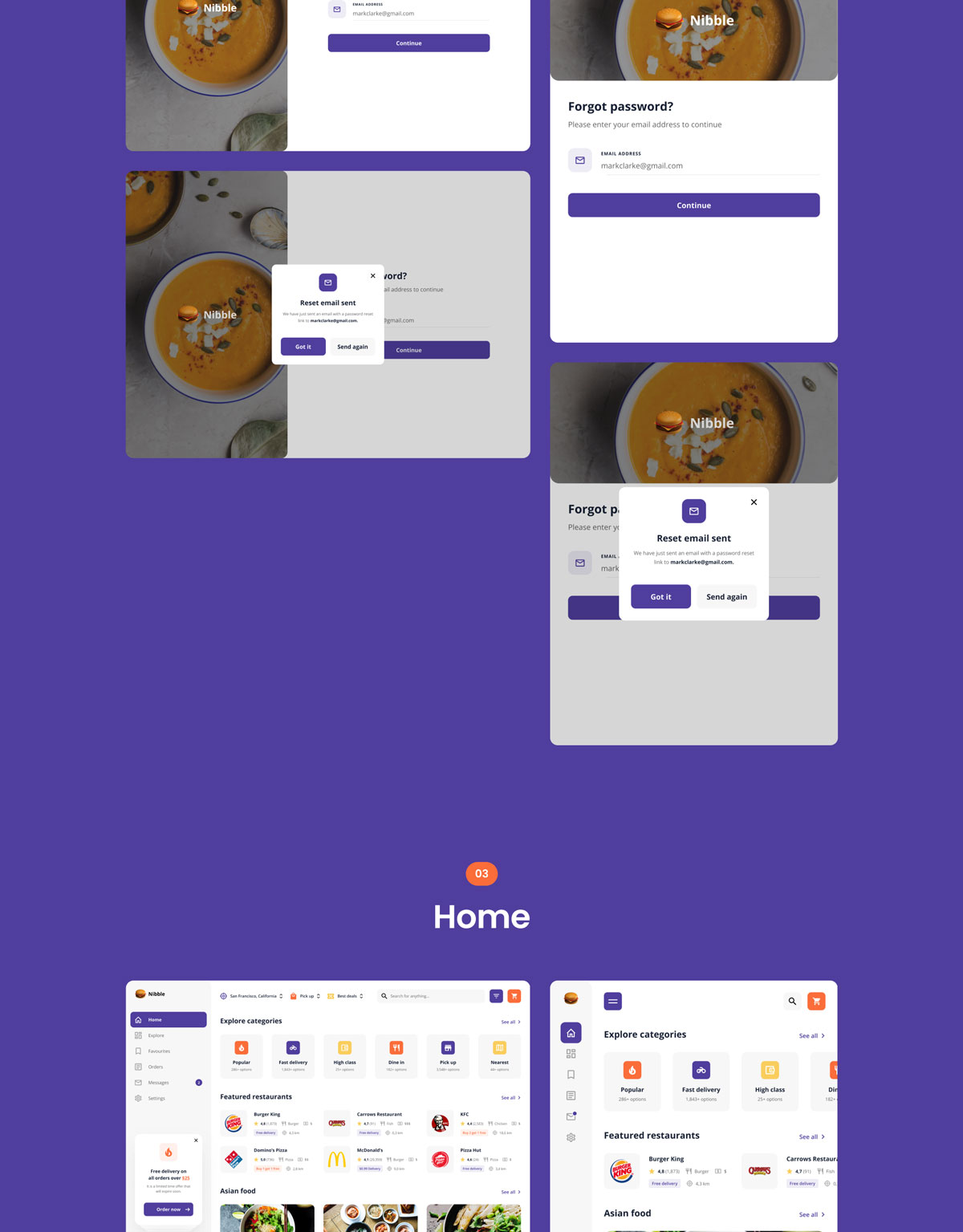 自适应食品配送外卖APP应用程序WEB界面设计UI套件素材 Nibble: Food Delivery Web UI Kit_img_2