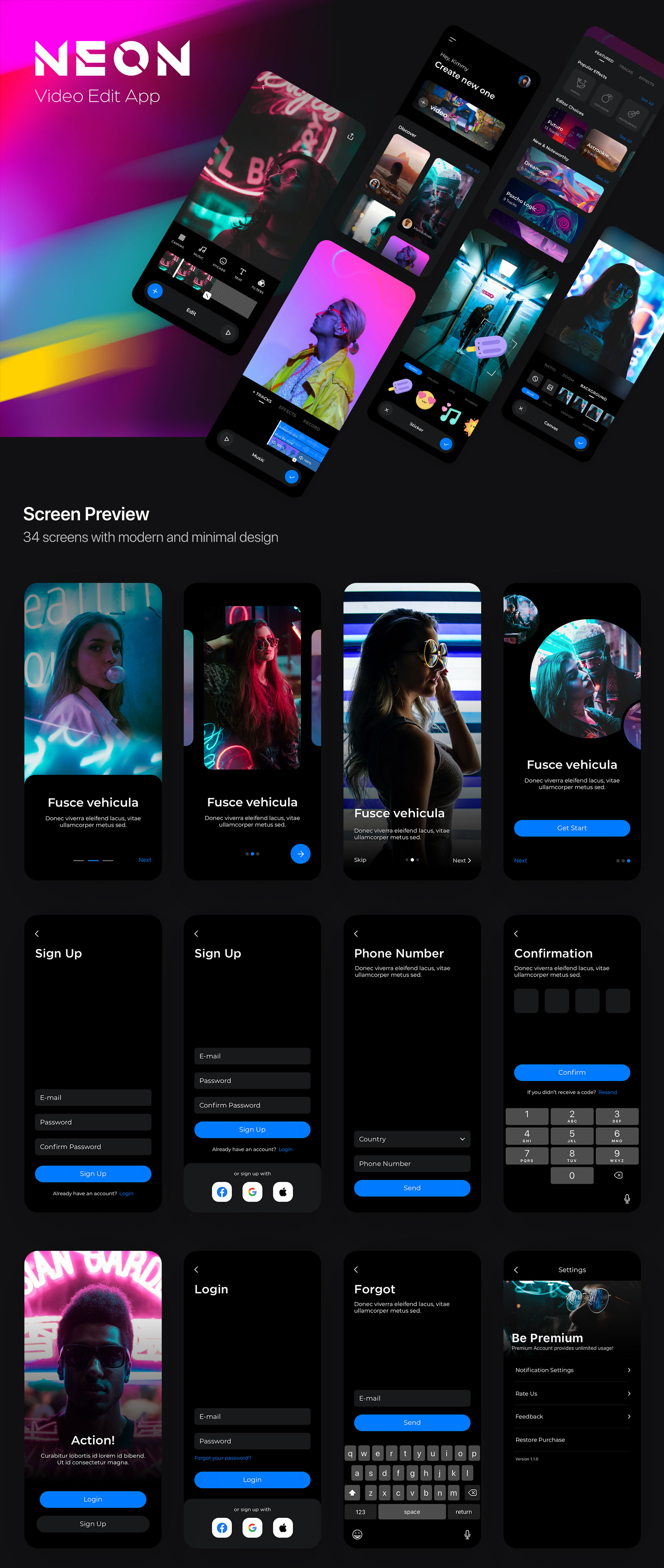 霓虹效果短视频视频编辑处理APP软件界面设计UI套件 Neon Video Edit App UI Kit_img_2