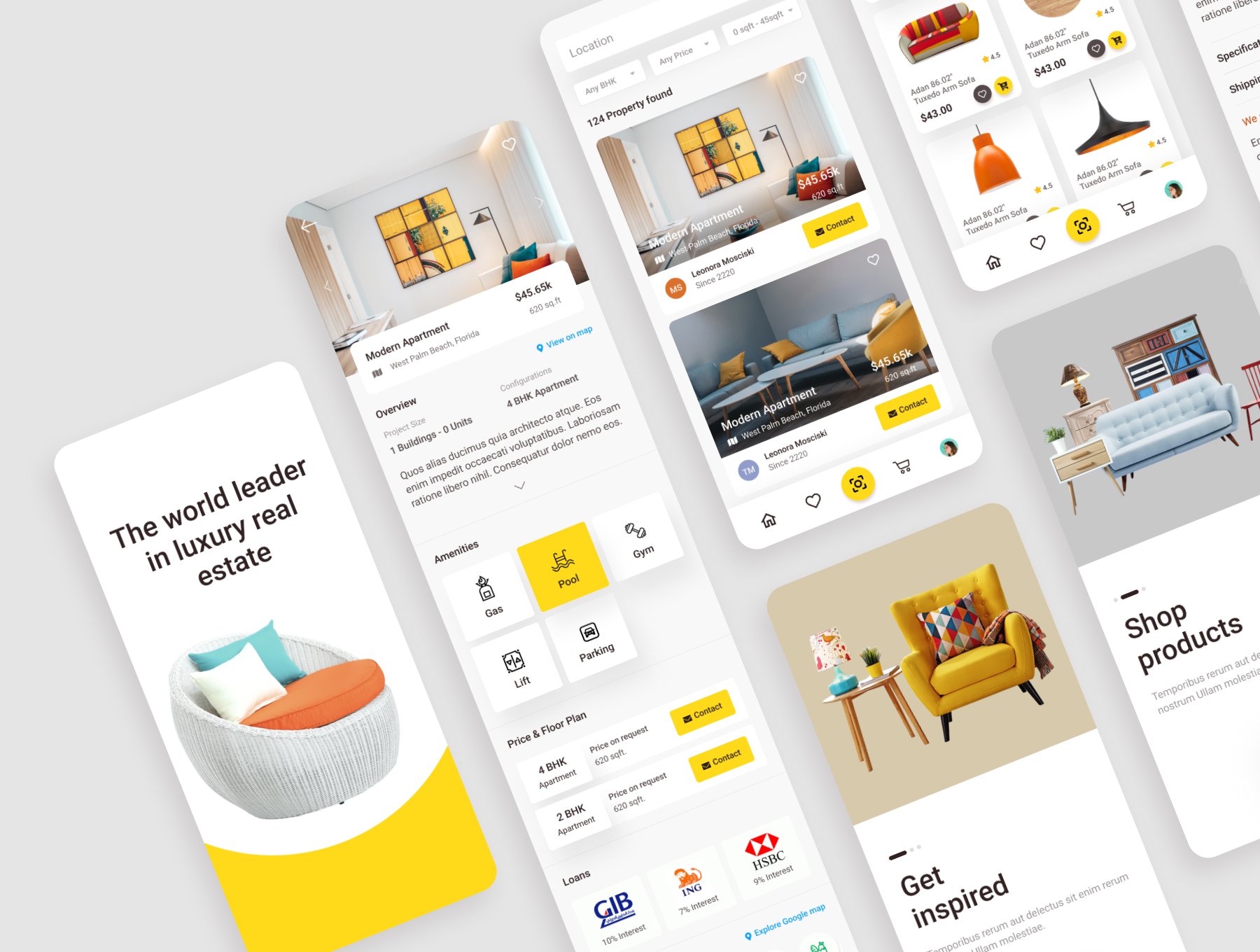 时尚简洁房地产家具家居在线购买商城APP界面设计UI套件 Real Estate & E-commerce UI Kit_img_2