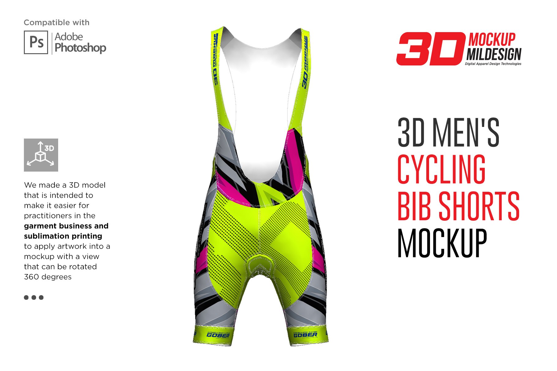 3D男士自行车背带短裤印花图案设计展示贴图样机 3D Mens Cycling Bib Short Mockup_img_2