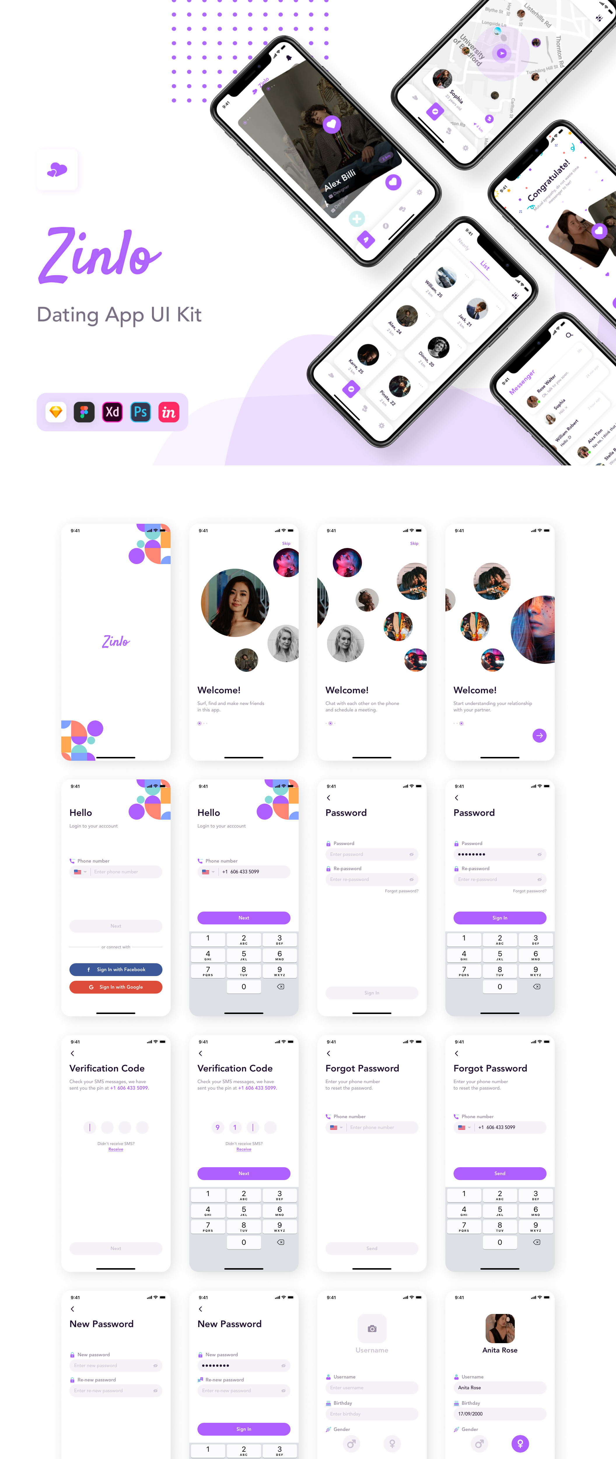 极简社交交友约会iOS APP界面设计UI套件 Zinlo - Dating App UI Kit_img_2