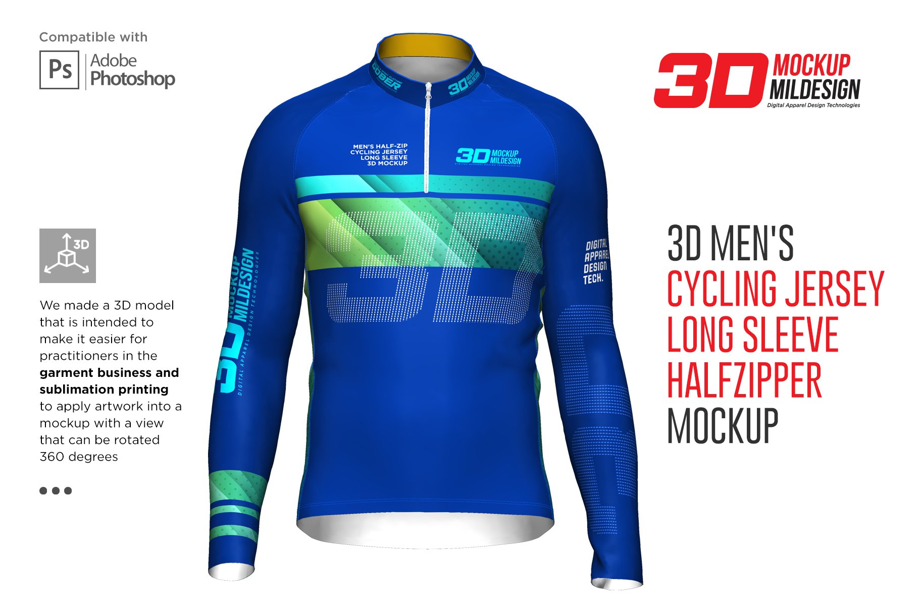 3D男士骑行服装印花图案设计展示贴图样机 3D Mens Cycling Jersey Half-zip LS_img_2