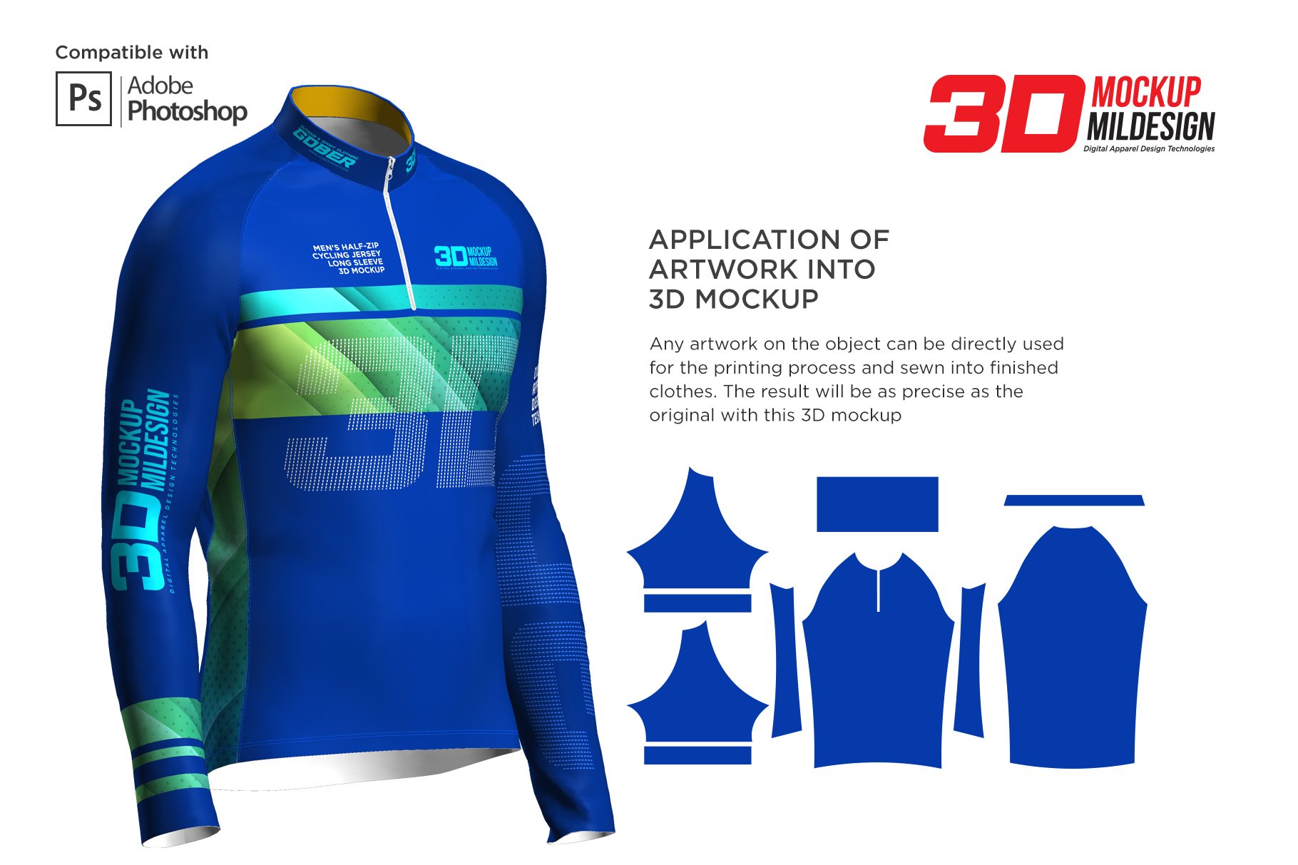 3D男士骑行服装印花图案设计展示贴图样机 3D Mens Cycling Jersey Half-zip LS_img_2