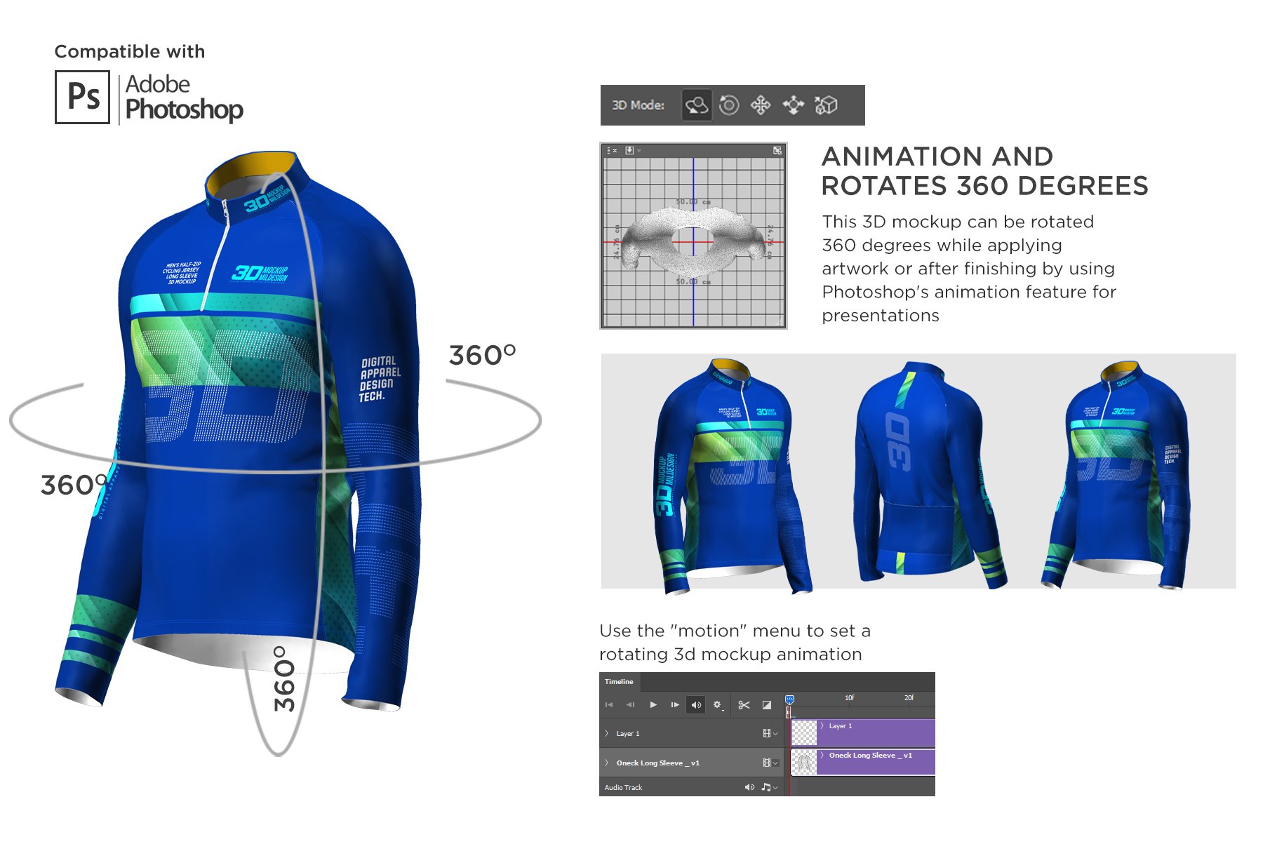 3D男士骑行服装印花图案设计展示贴图样机 3D Mens Cycling Jersey Half-zip LS_img_2