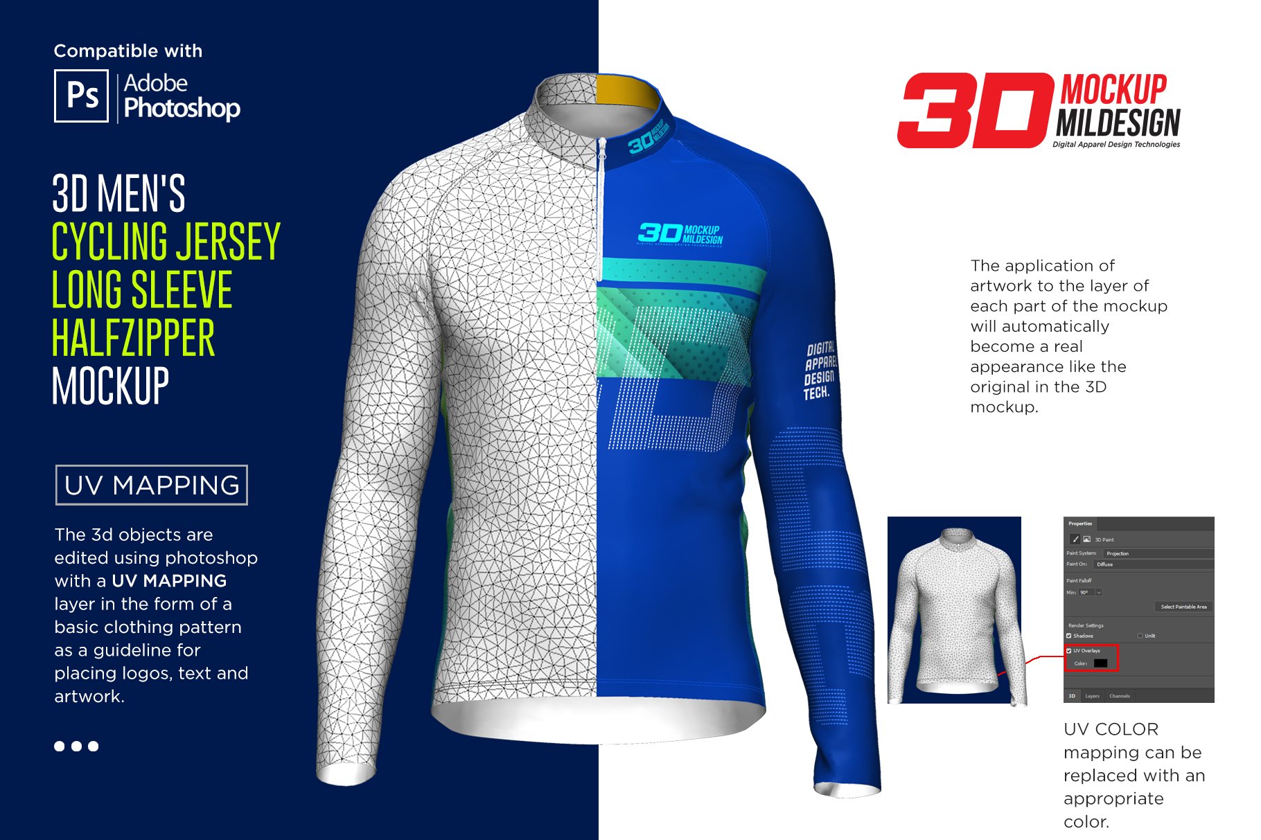 3D男士骑行服装印花图案设计展示贴图样机 3D Mens Cycling Jersey Half-zip LS_img_2