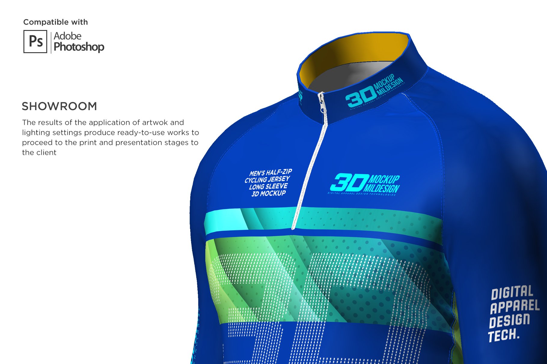 3D男士骑行服装印花图案设计展示贴图样机 3D Mens Cycling Jersey Half-zip LS_img_2