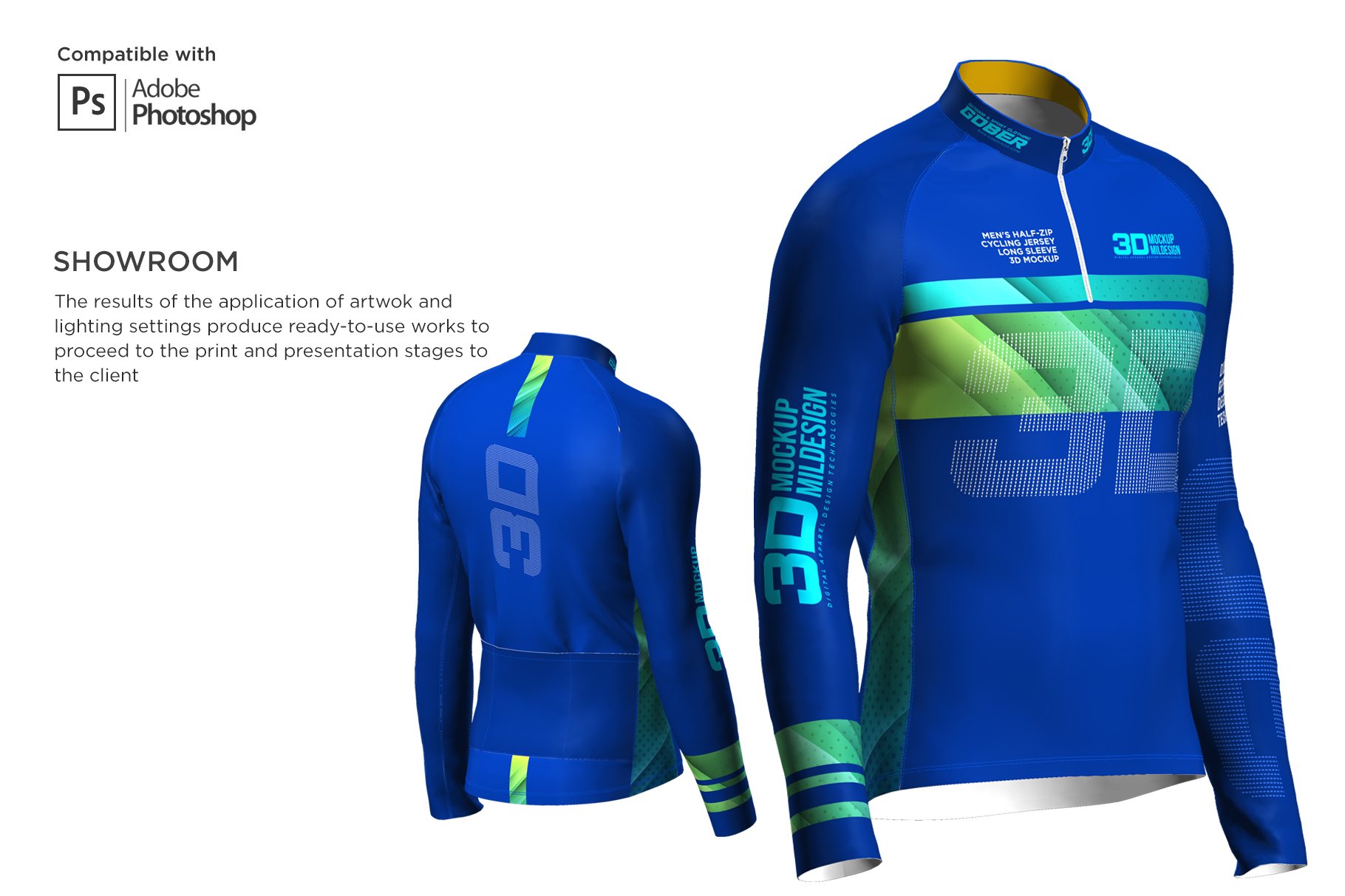 3D男士骑行服装印花图案设计展示贴图样机 3D Mens Cycling Jersey Half-zip LS_img_2