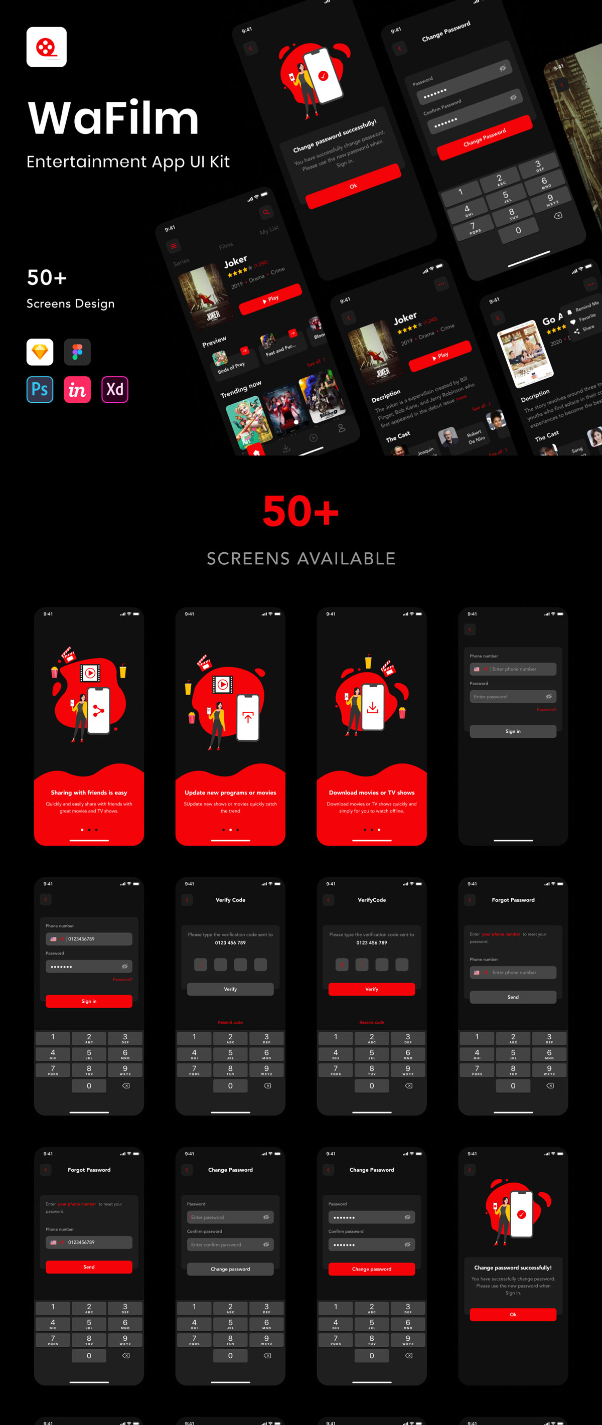 现代暗黑色电影视频娱乐APP应用程序界面设计UI套件 WaFilm - Entertainment App UI Kit_img_2