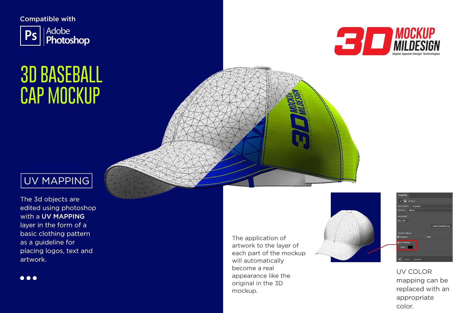 3D半球帽印花图案设计展示贴图样机模板 3D Baseball Cap Mockup_img_2