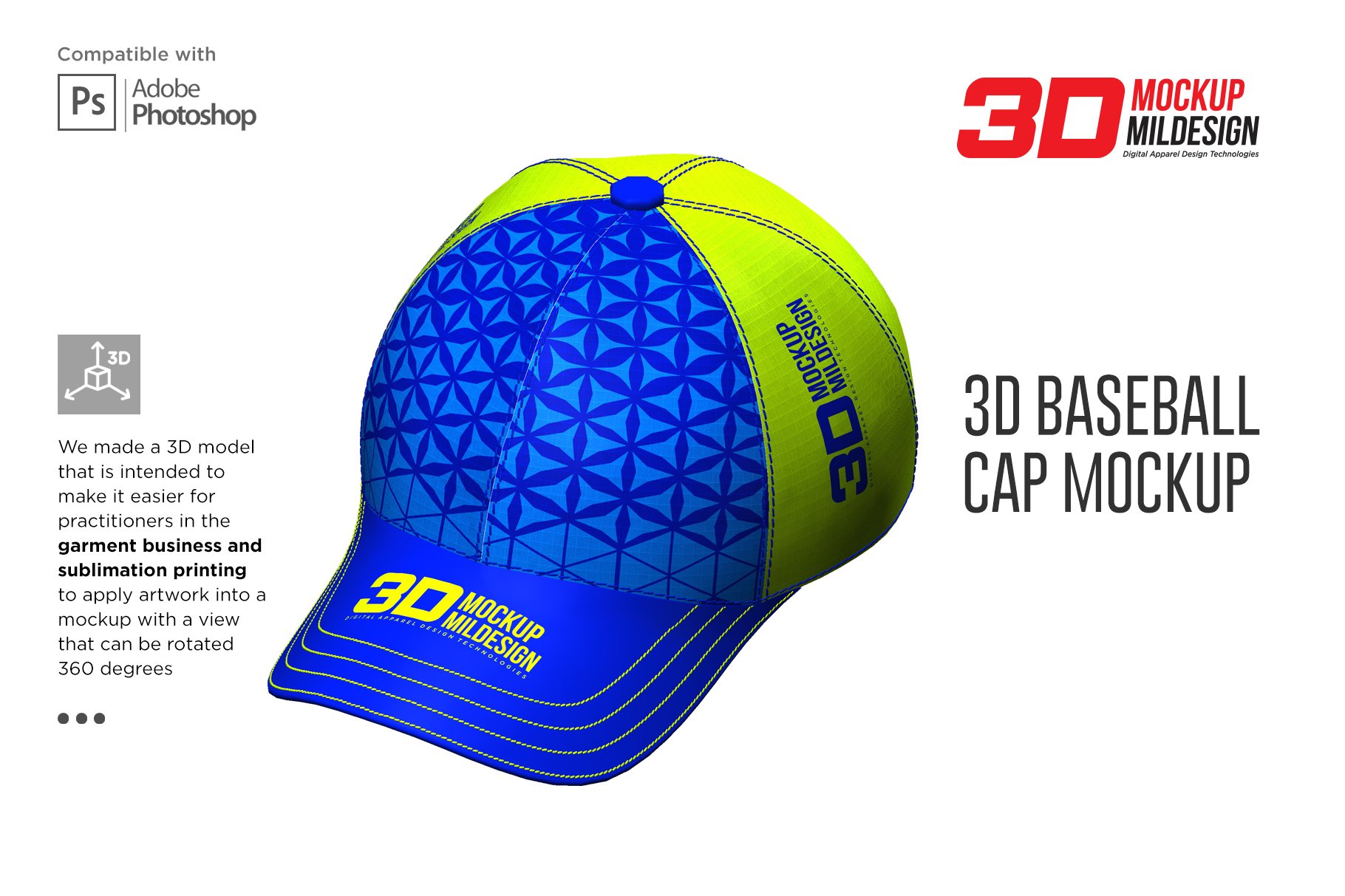 3D半球帽印花图案设计展示贴图样机模板 3D Baseball Cap Mockup_img_2