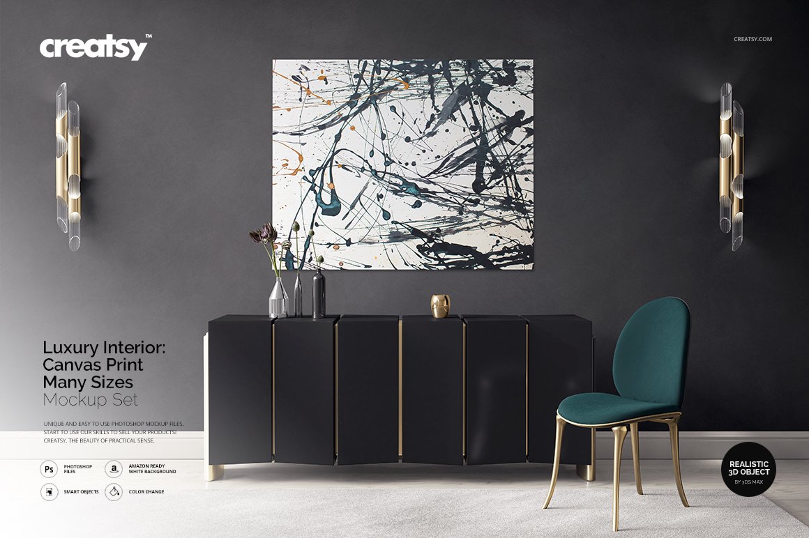 豪华室内装饰画设计展示贴图样机模板 Luxury Console Canvas Print Mockup_img_2