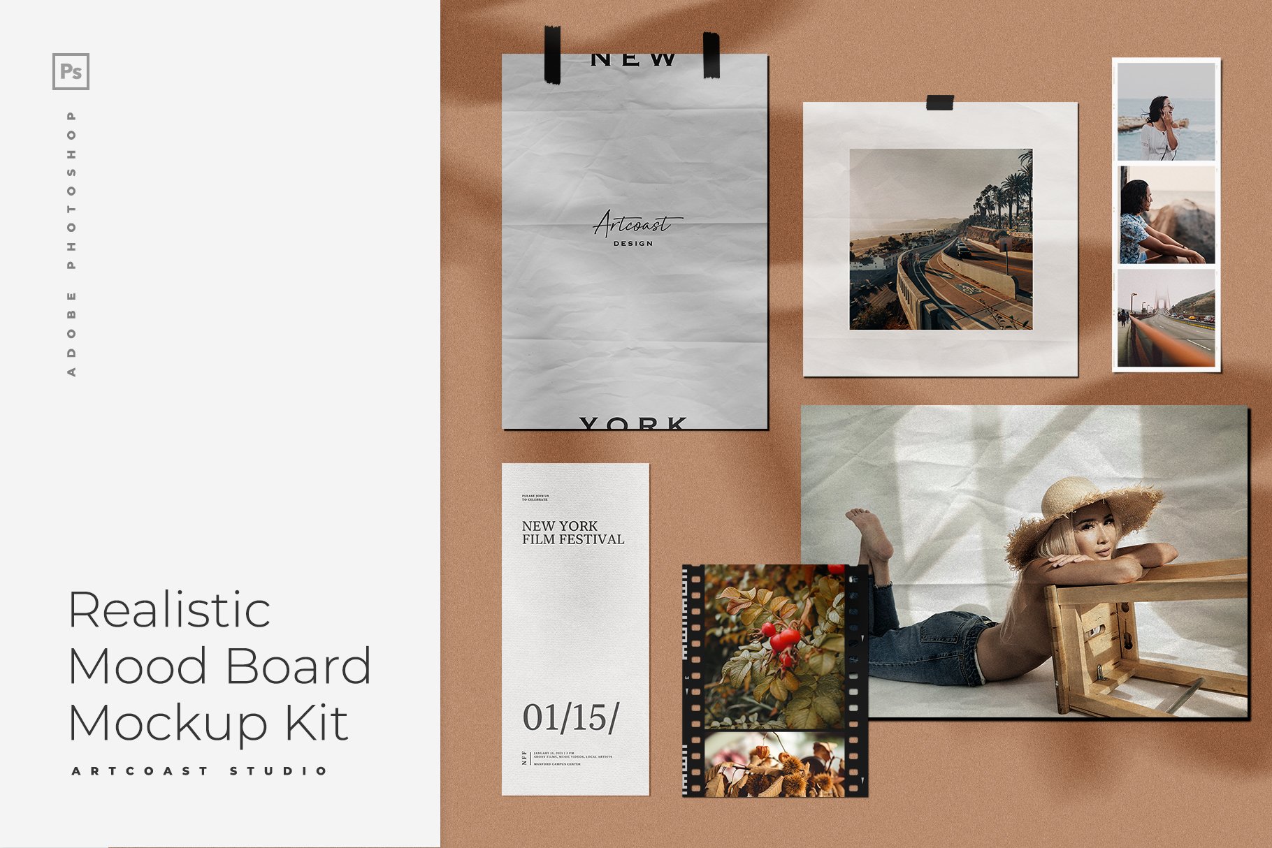 优雅逼真剪贴相片情绪版卡片设计展示贴图样机 Realistic Moodboard Mockup Kit_img_2