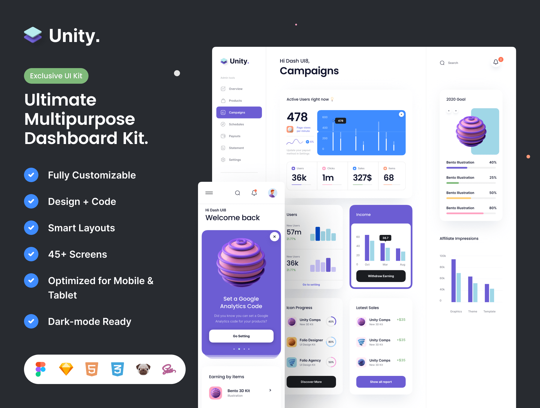 炫酷活动策划对账单仪表盘界面设计UI套件素材 Unity Dashboard Kit_img_2