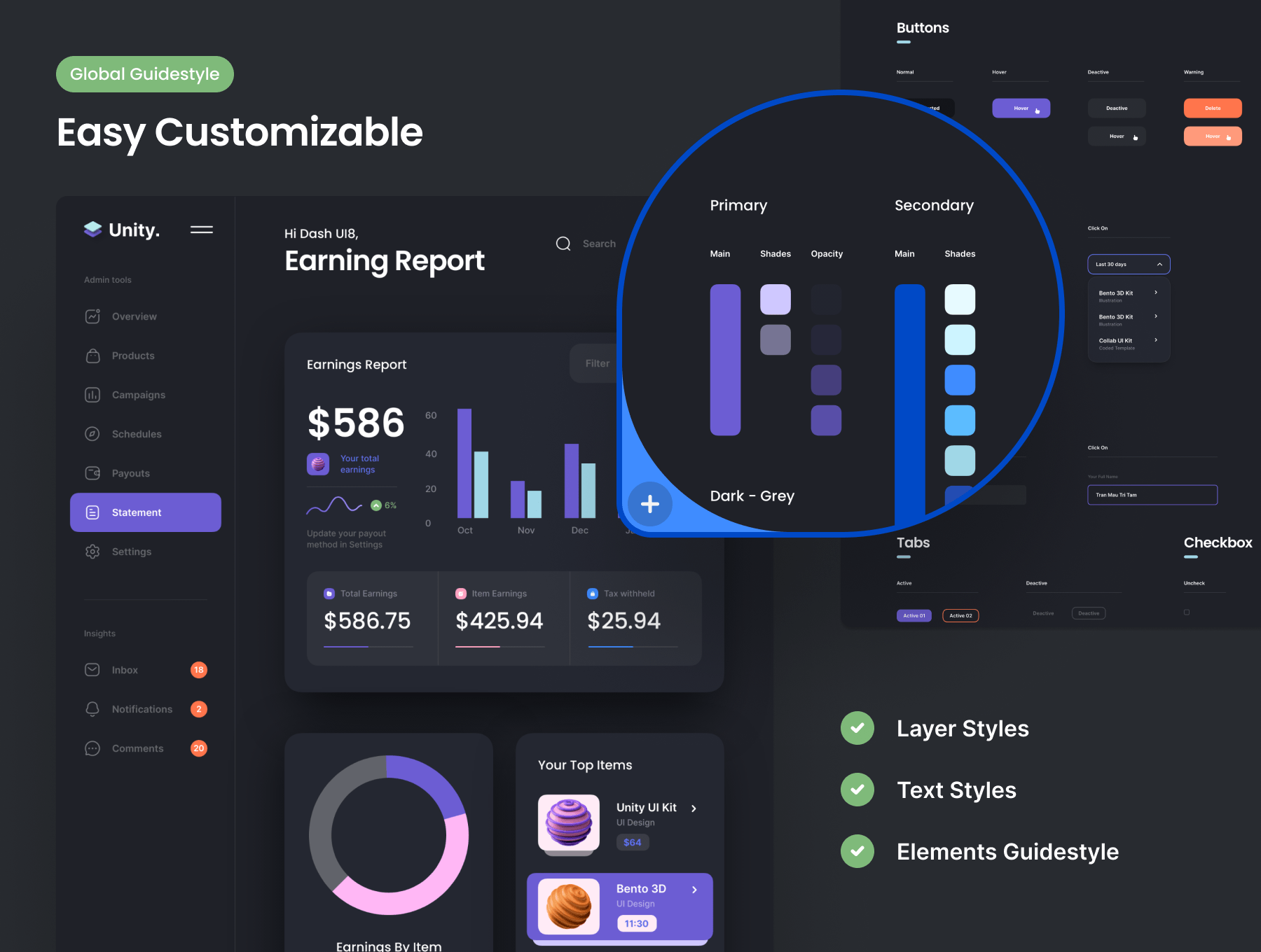 炫酷活动策划对账单仪表盘界面设计UI套件素材 Unity Dashboard Kit_img_2