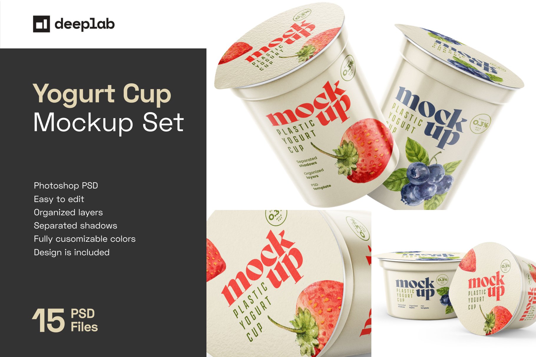 15个新颖酸奶杯设计展示贴图样机模板PS素材 Yogurt Cup Packaging Mockup Set_img_2