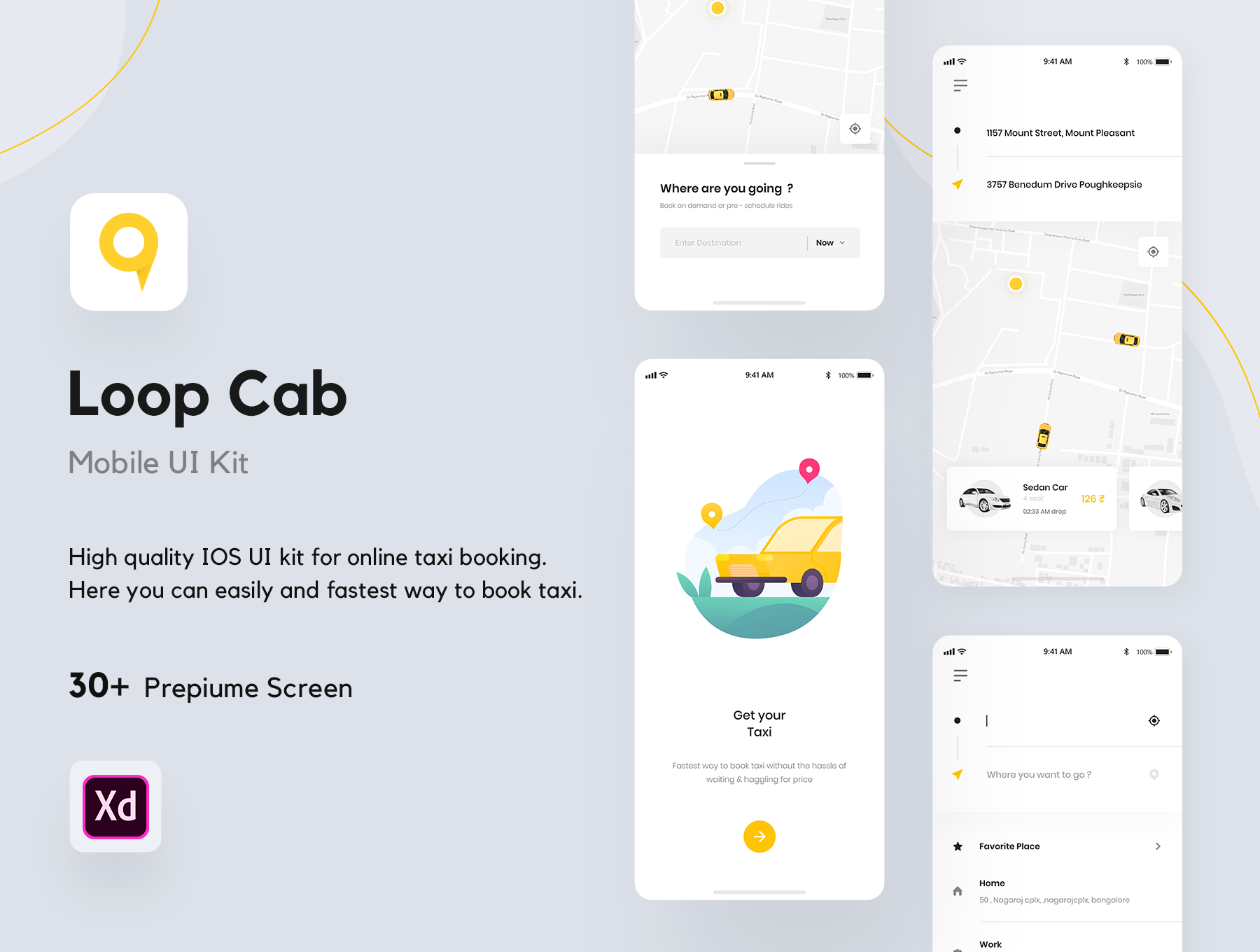 现代简约出租车预定打车软件APP UI界面设计套件 Loop Cab - Cab Booking App UI Kit_img_2