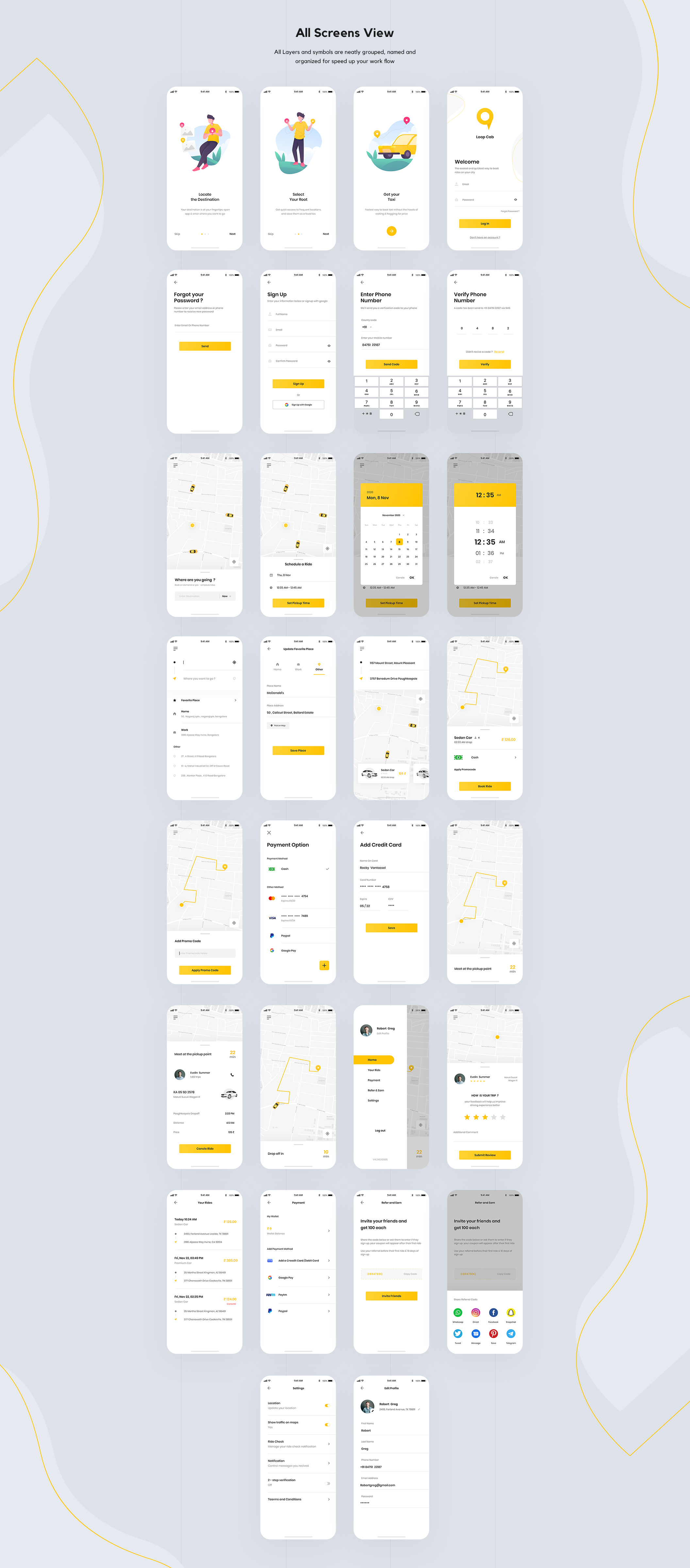 现代简约出租车预定打车软件APP UI界面设计套件 Loop Cab - Cab Booking App UI Kit_img_2