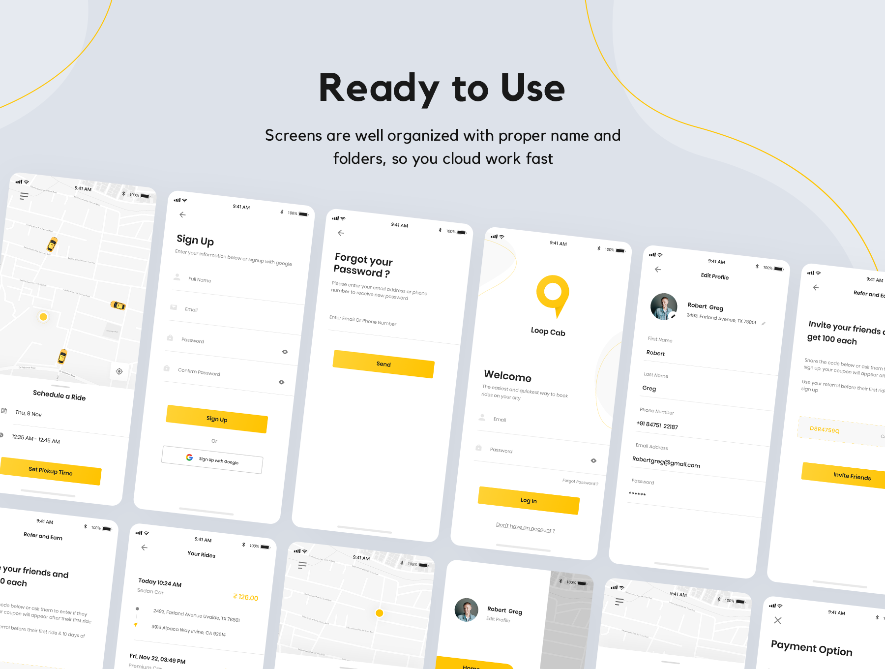 现代简约出租车预定打车软件APP UI界面设计套件 Loop Cab - Cab Booking App UI Kit_img_2