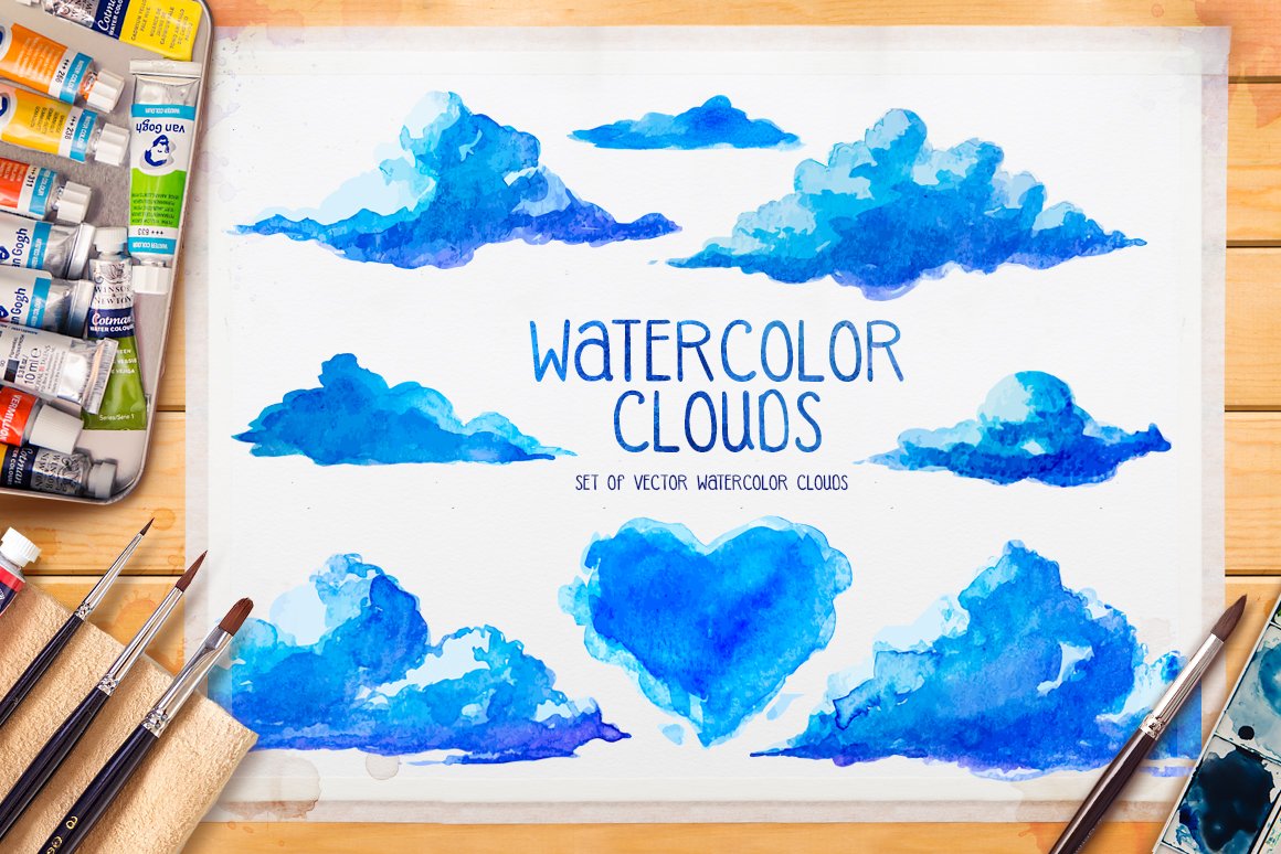 蓝色云朵手绘水彩画设计素材 Watercolor Clouds_img_2