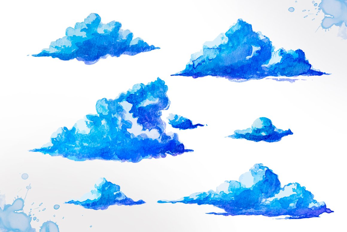 蓝色云朵手绘水彩画设计素材 Watercolor Clouds_img_2