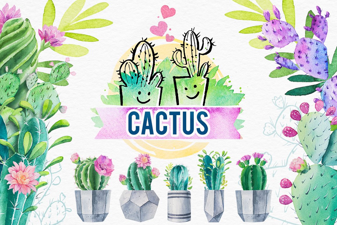 迷人仙人掌花卉手绘水彩画设计素材 Cactus Watercolor Illustrations_img_2