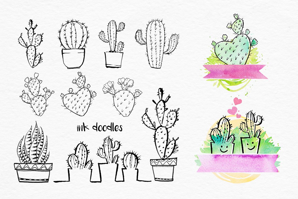 迷人仙人掌花卉手绘水彩画设计素材 Cactus Watercolor Illustrations_img_2