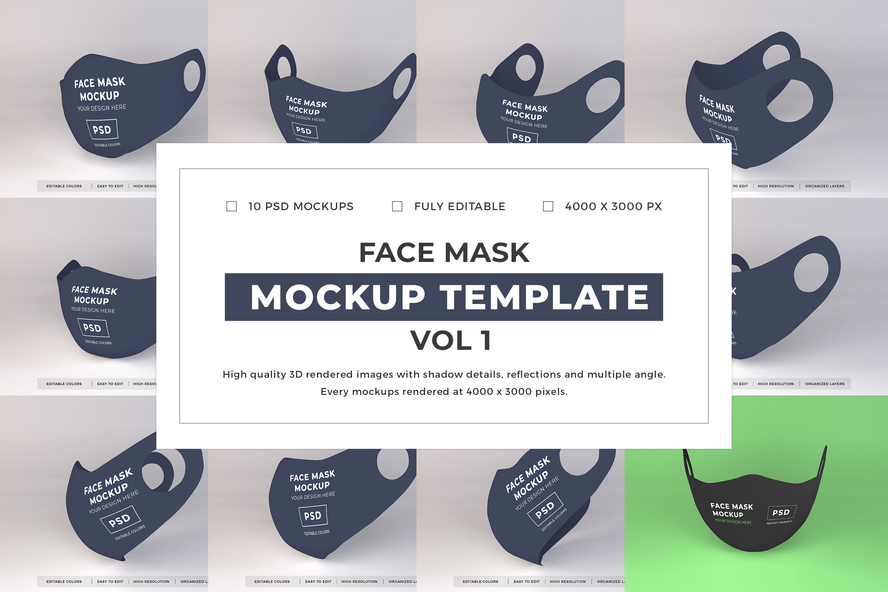 10个医用防护面罩口罩设计贴图样机 Face Mask Mockup Template Bundle Vol 1_img_2