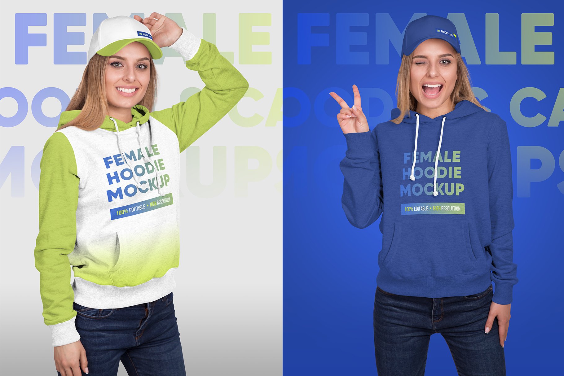 9款女式连衣帽衫棒球帽设计贴图样机 Female Hoodie & Baseball Cap Mockup_img_2