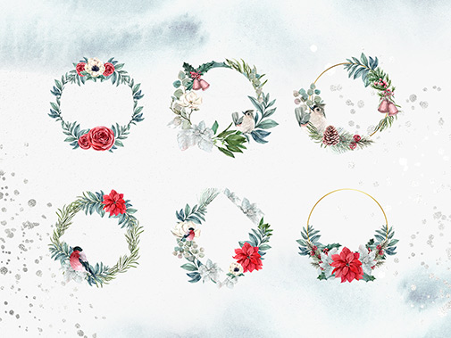 时尚冬季花环动物手绘水彩画PNG透明图片素材 Winter Flowers Watercolor PNG Clipart_img_2