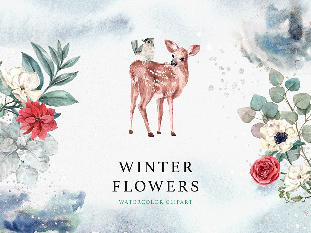 时尚冬季花环动物手绘水彩画PNG透明图片素材 Winter Flowers Watercolor PNG Clipart_img_2