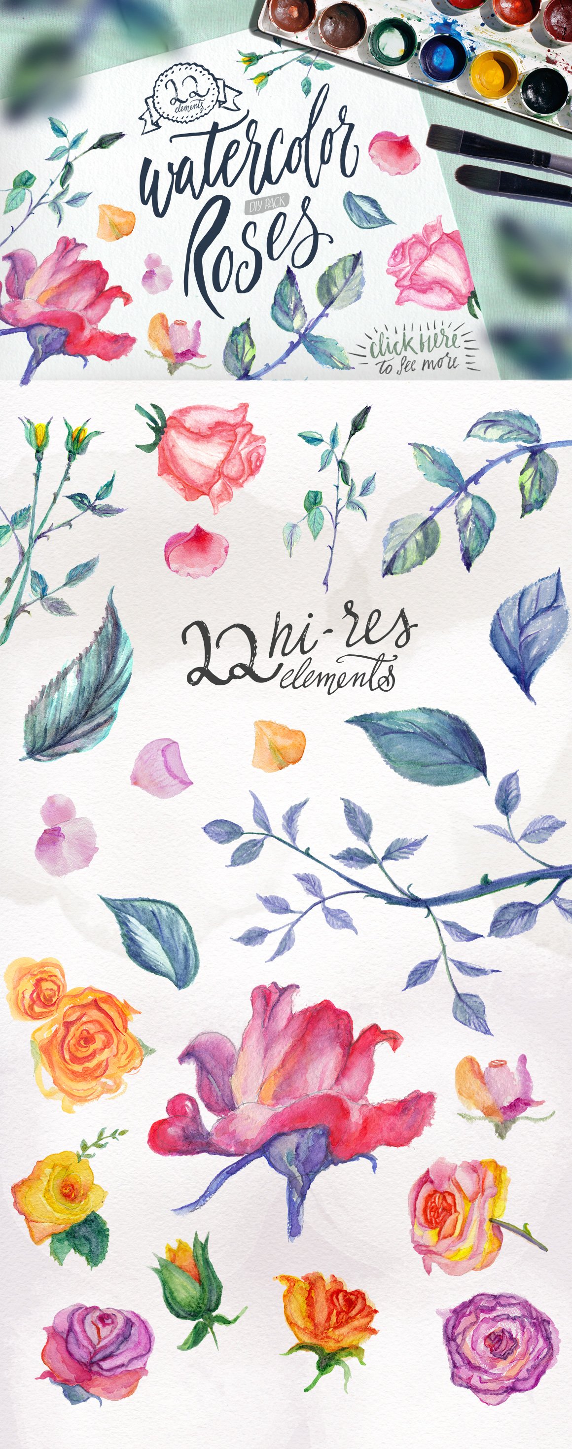 22款高清手绘玫瑰花花圈水彩画PNG透明图片素材 Watercolor Roses DIY Pack 22elements_img_2