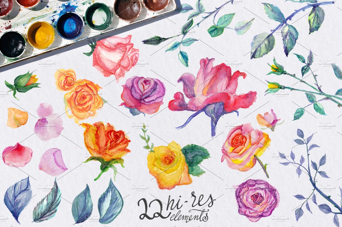 22款高清手绘玫瑰花花圈水彩画PNG透明图片素材 Watercolor Roses DIY Pack 22elements_img_2