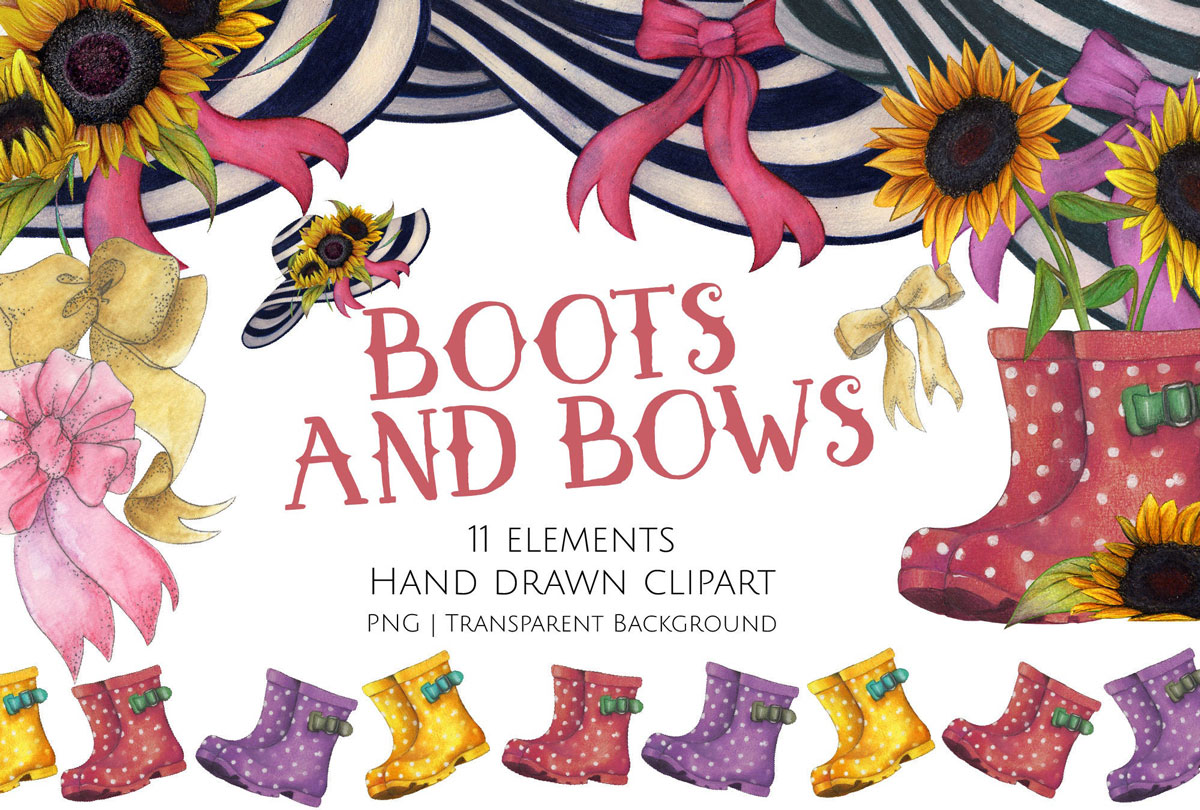 11款高清乡村主题手绘水彩画PNG图片素材 Boots And Bows Clipart Set_img_2