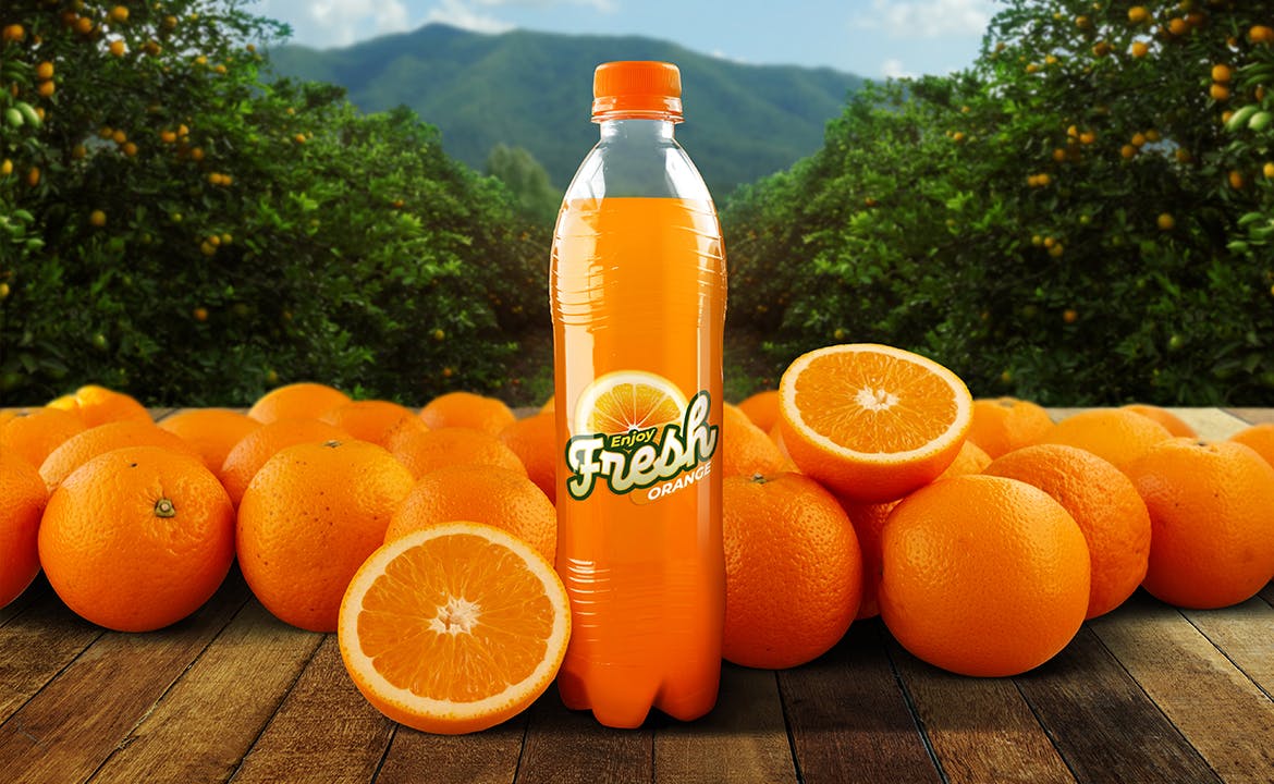 果汁汽水塑料瓶标签设计展示贴图样机 Orange Soda Bottle Mockup_img_2