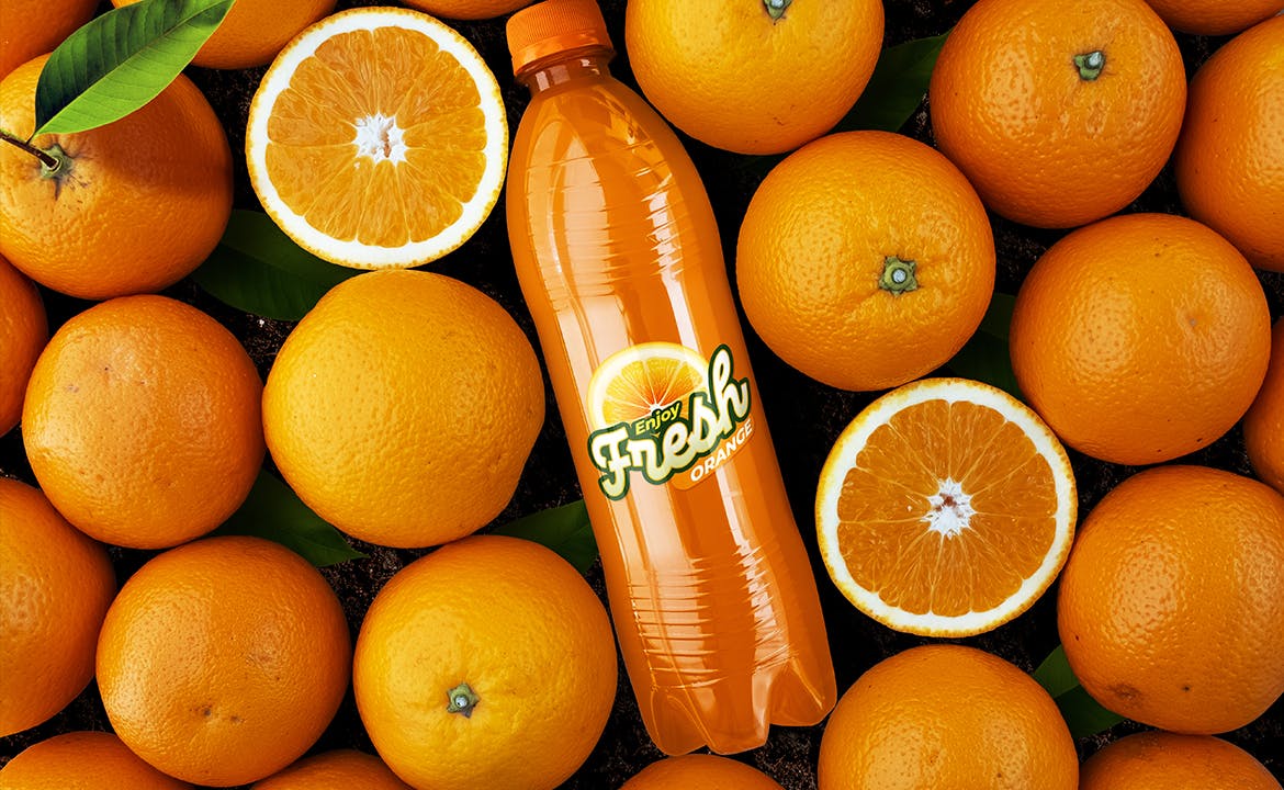 果汁汽水塑料瓶标签设计展示贴图样机 Orange Soda Bottle Mockup_img_2