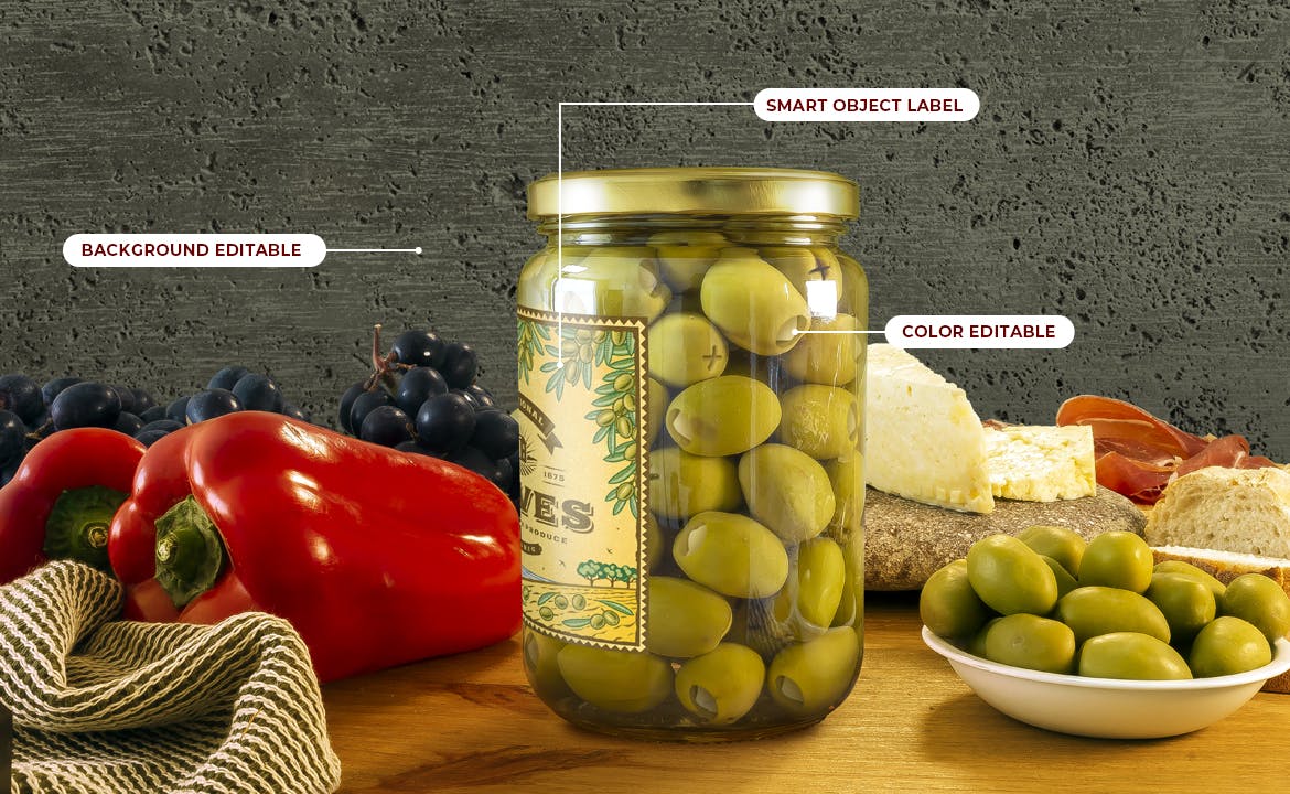 食品罐头玻璃罐标签设计展示贴图样机 Stuffed Green Olives Jar Mockup_img_2