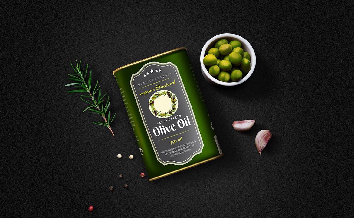 简约橄榄油玻璃瓶金属罐包装标签设计贴图样机 Olive Oil Minimalist Package Mockup_img_2