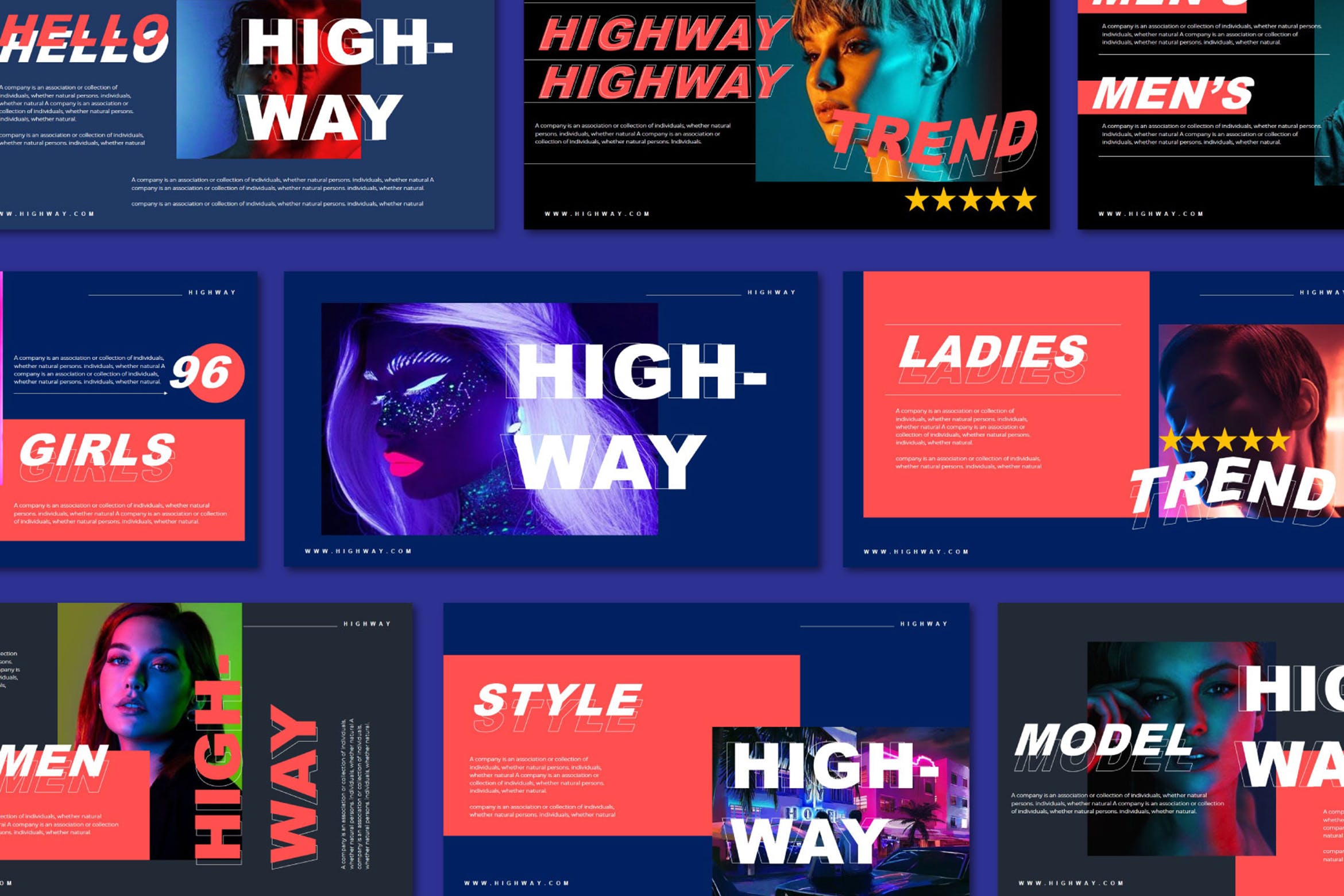 潮流虹彩霓虹效果潮牌营销策划作品集设计PPT幻灯片模板 HIGHWAY - Powerpoint Template_img_2