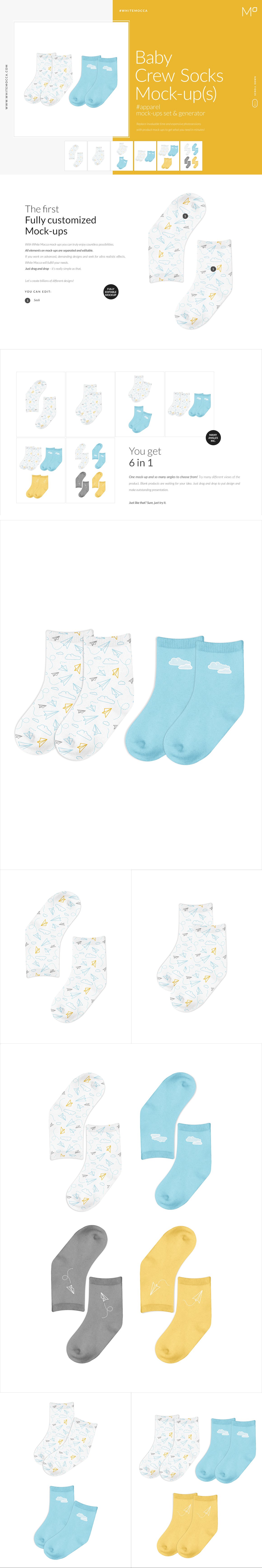 婴儿长装袜子印花图案设计展示贴图样机合集 Baby Crew Socks Mockups Set_img_2