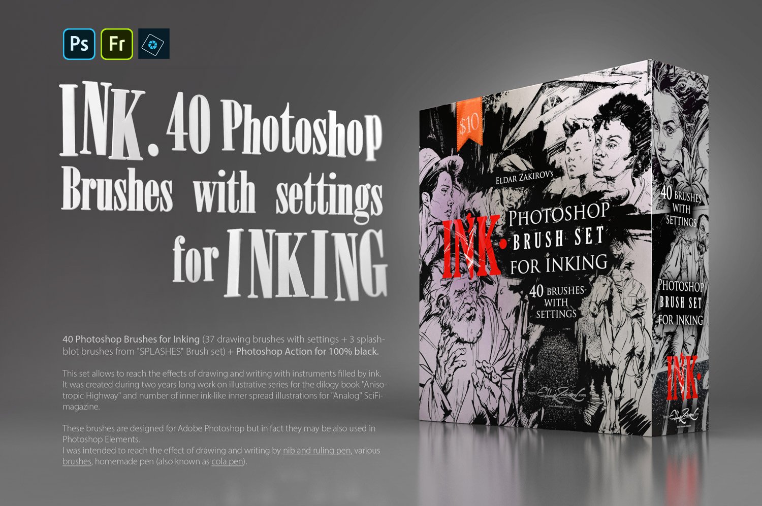 40款复古漫画水墨飞溅毛笔笔触绘画效果PS笔刷动作素材 INK. 40 Photoshop Brushes for Inking + Photoshop Action_img_2