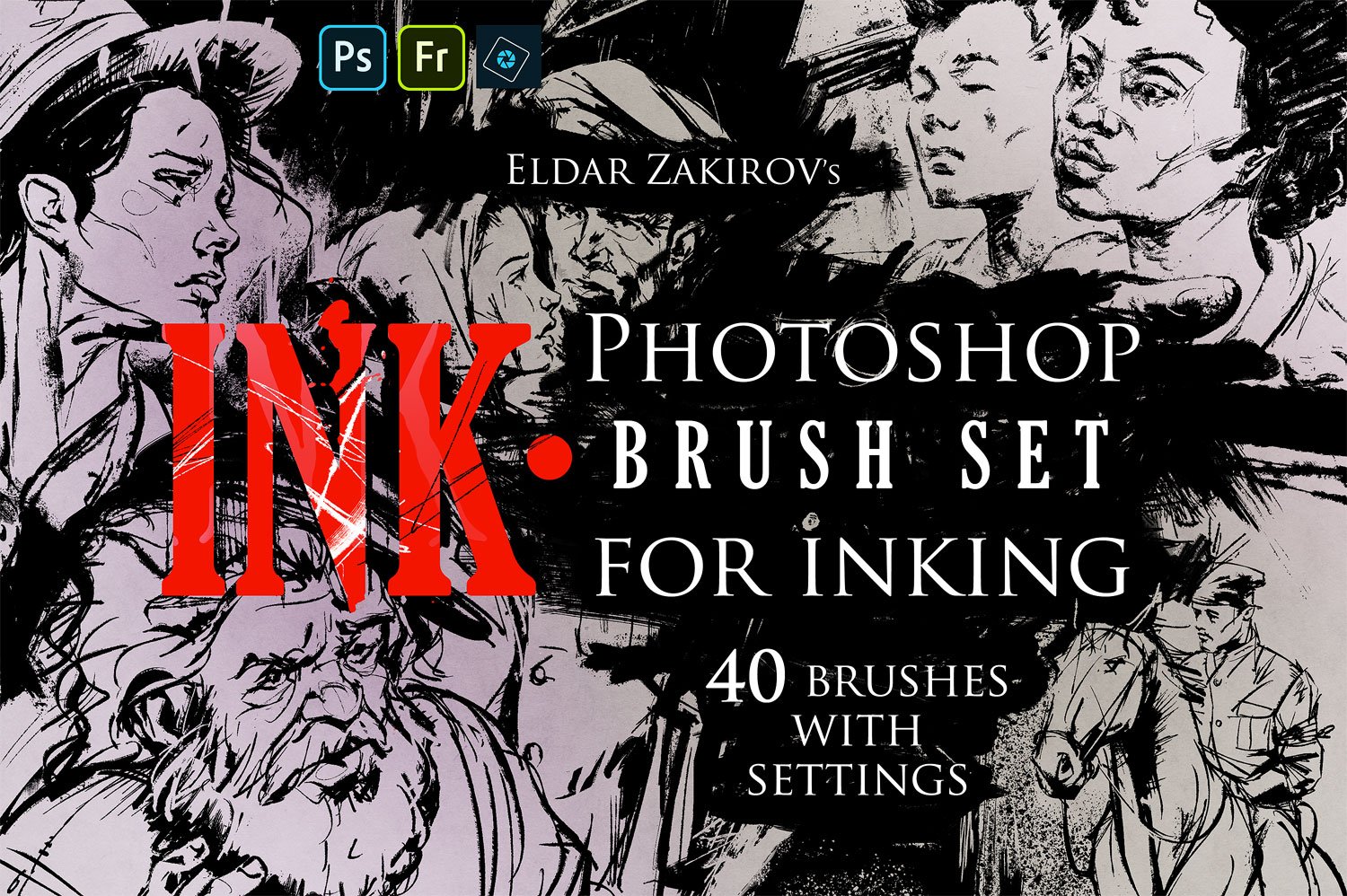 40款复古漫画水墨飞溅毛笔笔触绘画效果PS笔刷动作素材 INK. 40 Photoshop Brushes for Inking + Photoshop Action_img_2