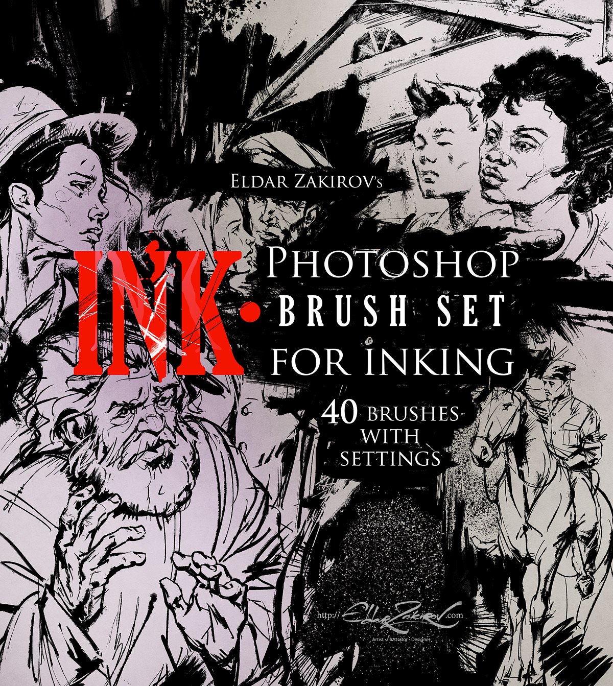 40款复古漫画水墨飞溅毛笔笔触绘画效果PS笔刷动作素材 INK. 40 Photoshop Brushes for Inking + Photoshop Action_img_2